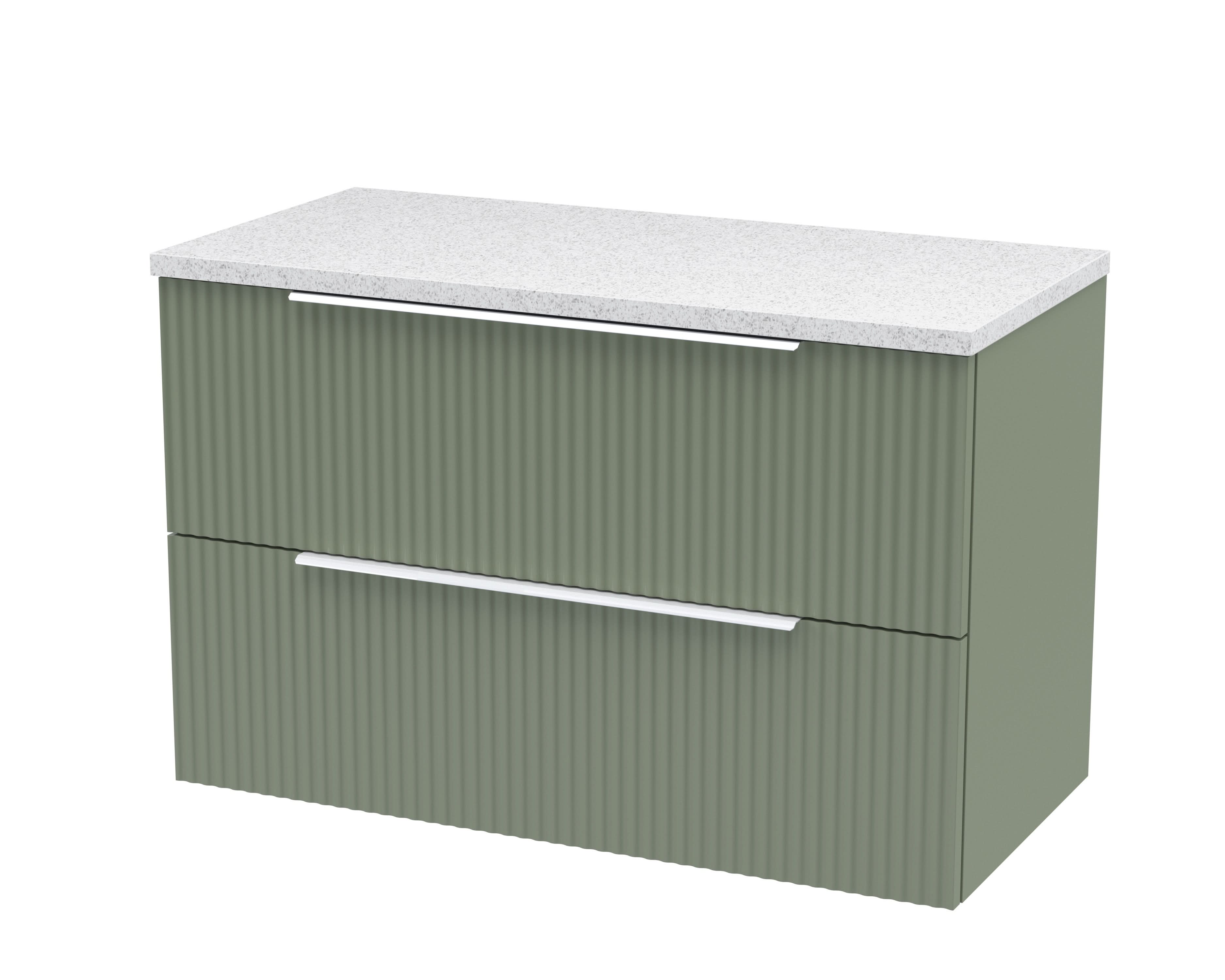 Hudson Reed Fluted Wall Hung 2-Drawer Vanity & Sparkling White Laminate Worktop, Counter Top Vanity Unit in Satin Green, 800mm
