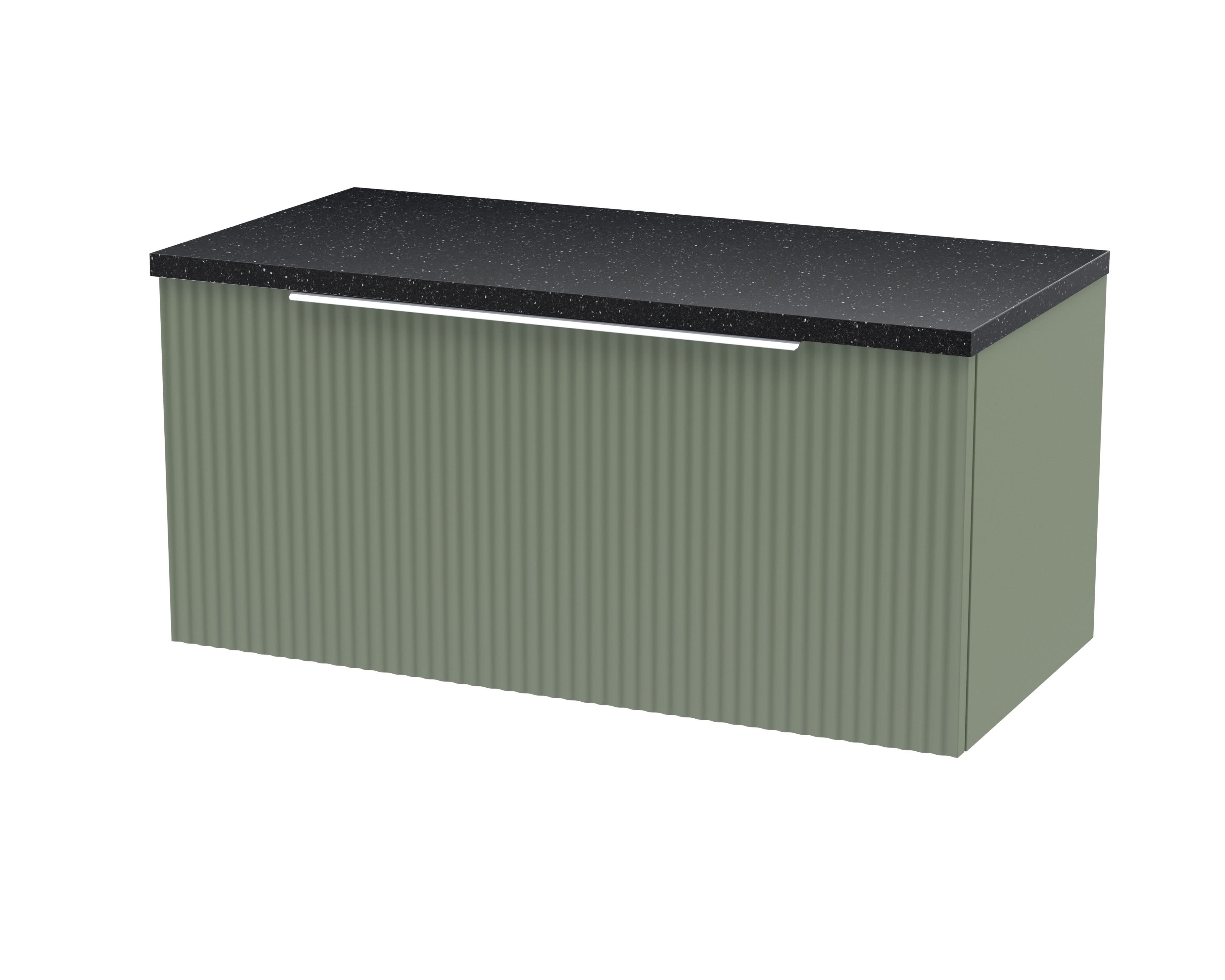 Hudson Reed Fluted Wall Hung 1-Drawer Vanity Unit & Black Laminate Worktop, Counter Top Vanity Unit in Satin Green, 800mm