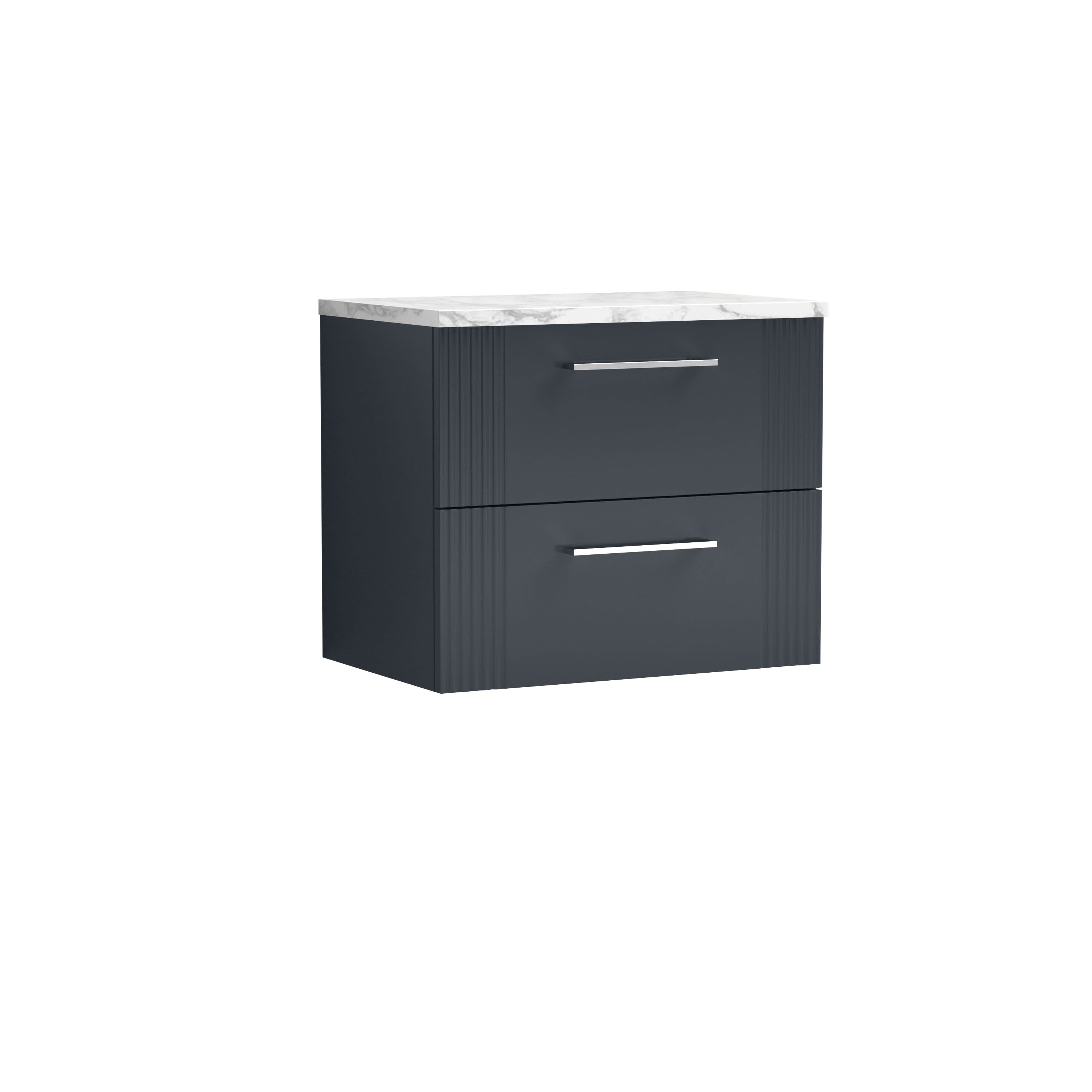 Nuie Deco Wall Hung 2-Drawer Vanity Unit & Carrera Marble Laminate Worktop, Counter Top Vanity Unit in Soft Black, 600mm