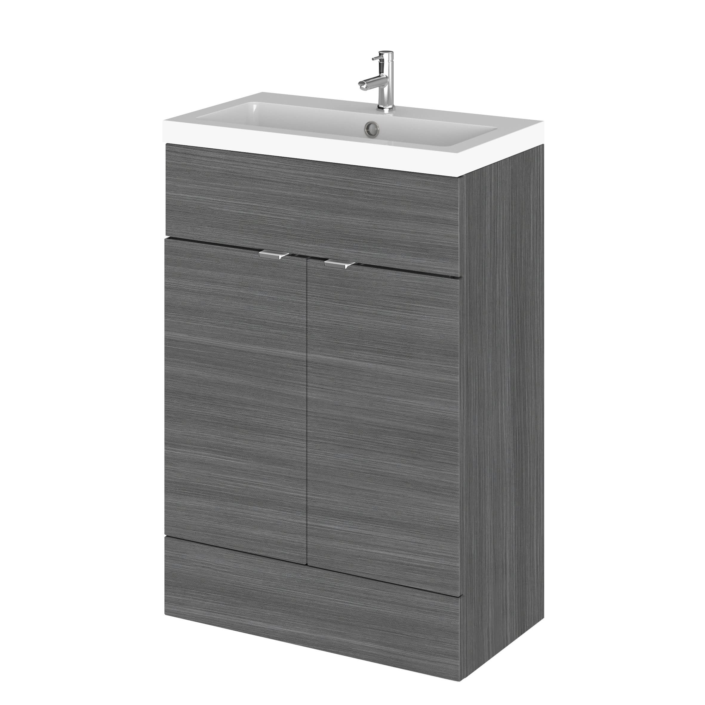 Hudson Reed Fusion Floor Standing 2 Door Vanity Unit & Polymarble Basin, Vanity Unit with Basin, Anthracite Woodgrain, 600mm