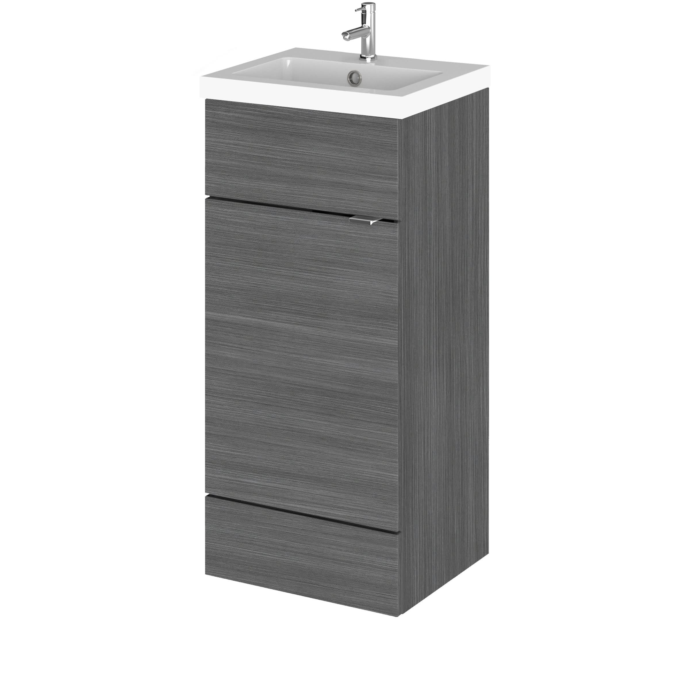 Hudson Reed Fusion Floor Standing 1 Door Vanity Unit & Polymarble Basin, Sink Vanity Unit, Anthracite Woodgrain, 400mm
