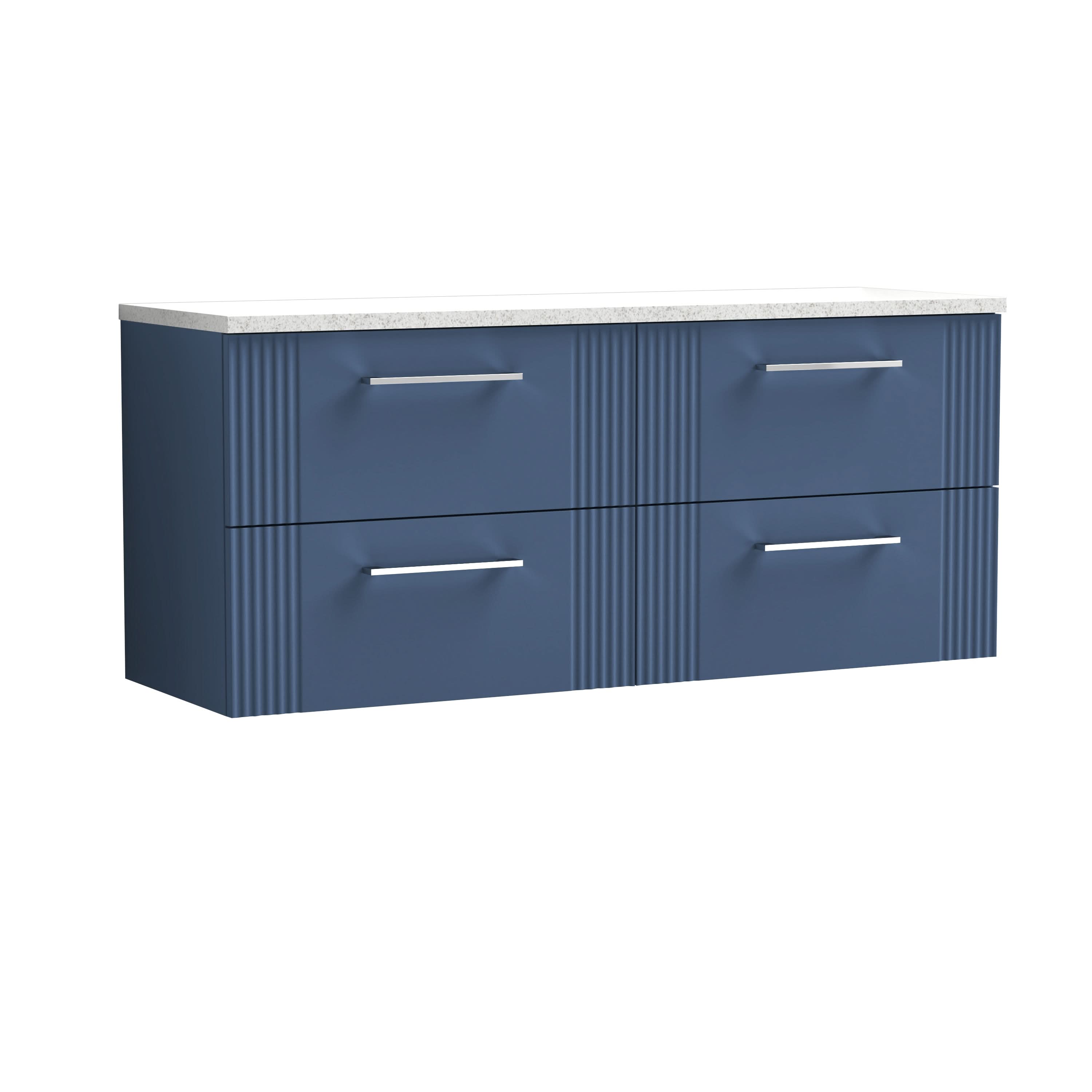 Nuie Deco Wall Hung 4-Drawer Vanity Unit & Sparkling White Laminate Worktop, Counter Top Vanity Unit in Satin Blue, 1200mm