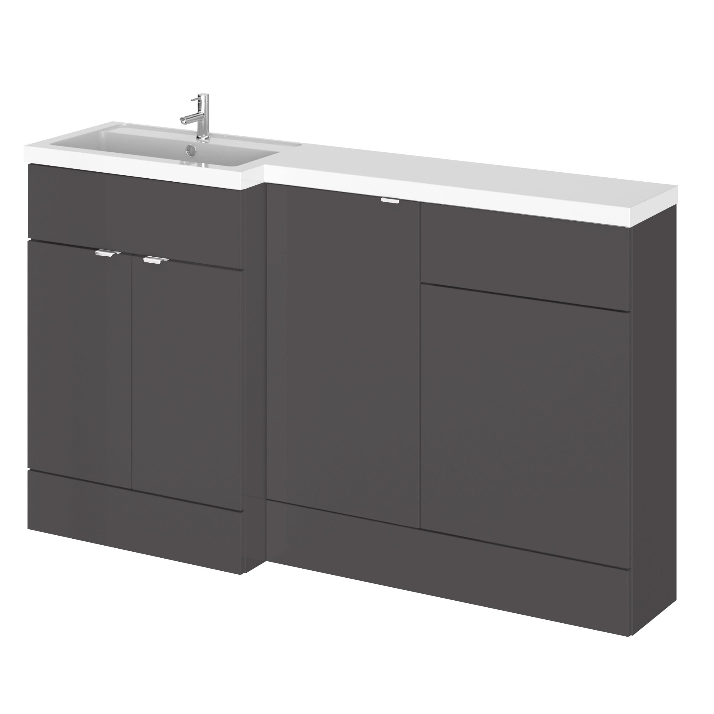 Hudson Reed Fusion Floor Standing 3 Door Vanity Basin & WC Left Hand Combination, Bathroom Storage Unit, Gloss Grey, 1500mm