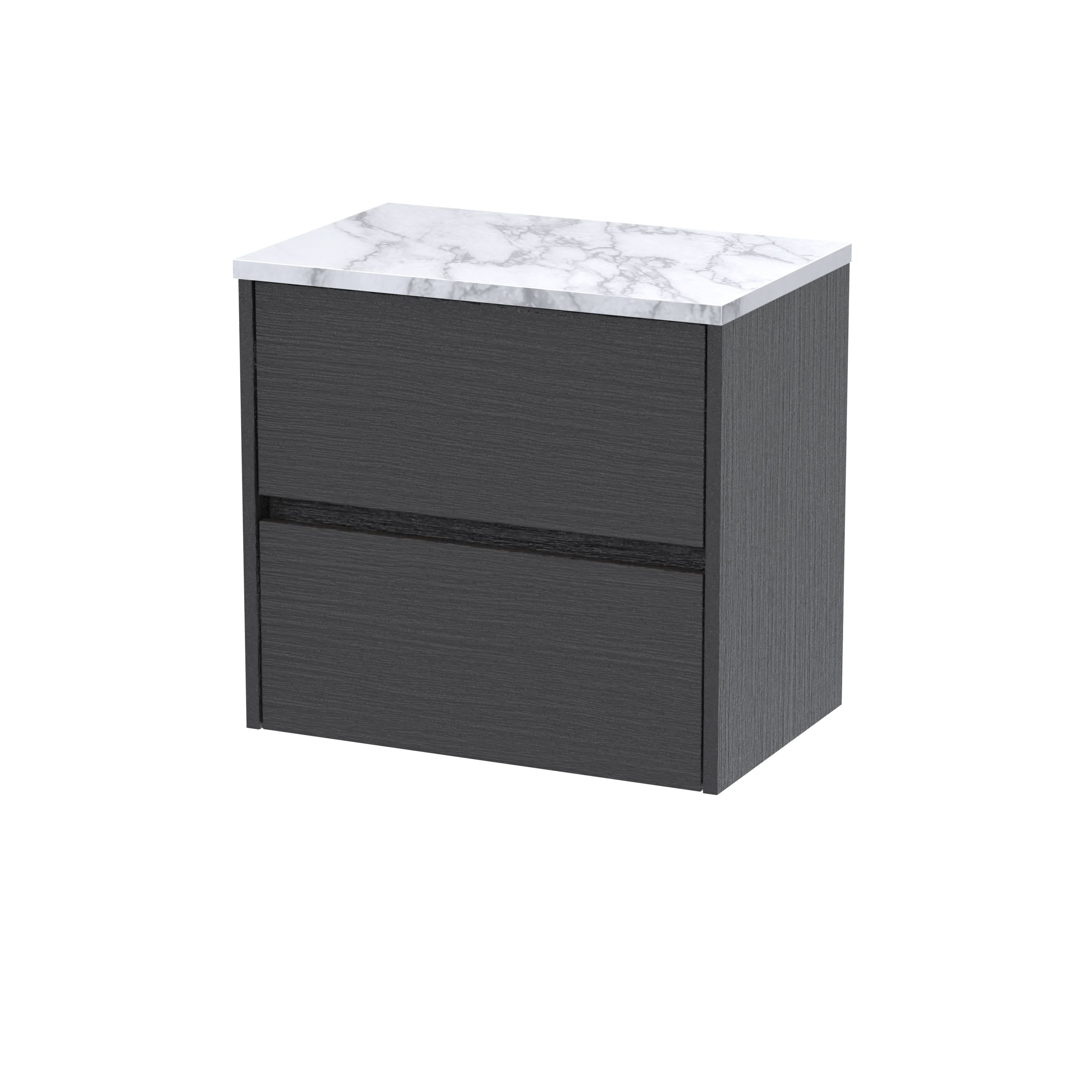 Nuie Havana Wall Hung 2-Drawer Vanity Unit & Worktop in Carrera Marble, Countertop Basin Unit, Graphite Grey Woodgrain, 600mm