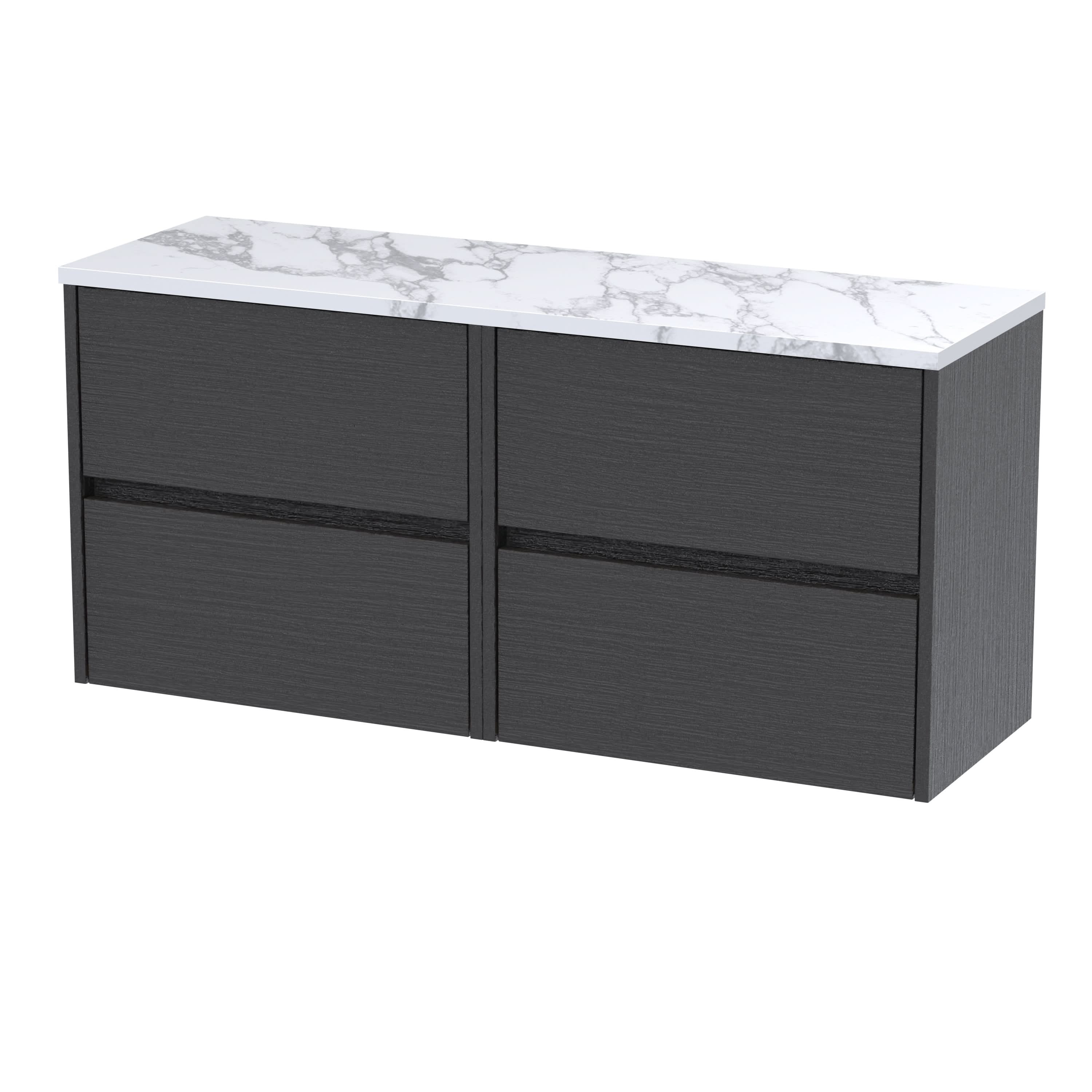 Nuie Havana Wall Hung 4-Drawer Vanity Unit & Worktop in Sparkling Black, Countertop Basin Unit, Graphite Grey Woodgrain, 1200mm