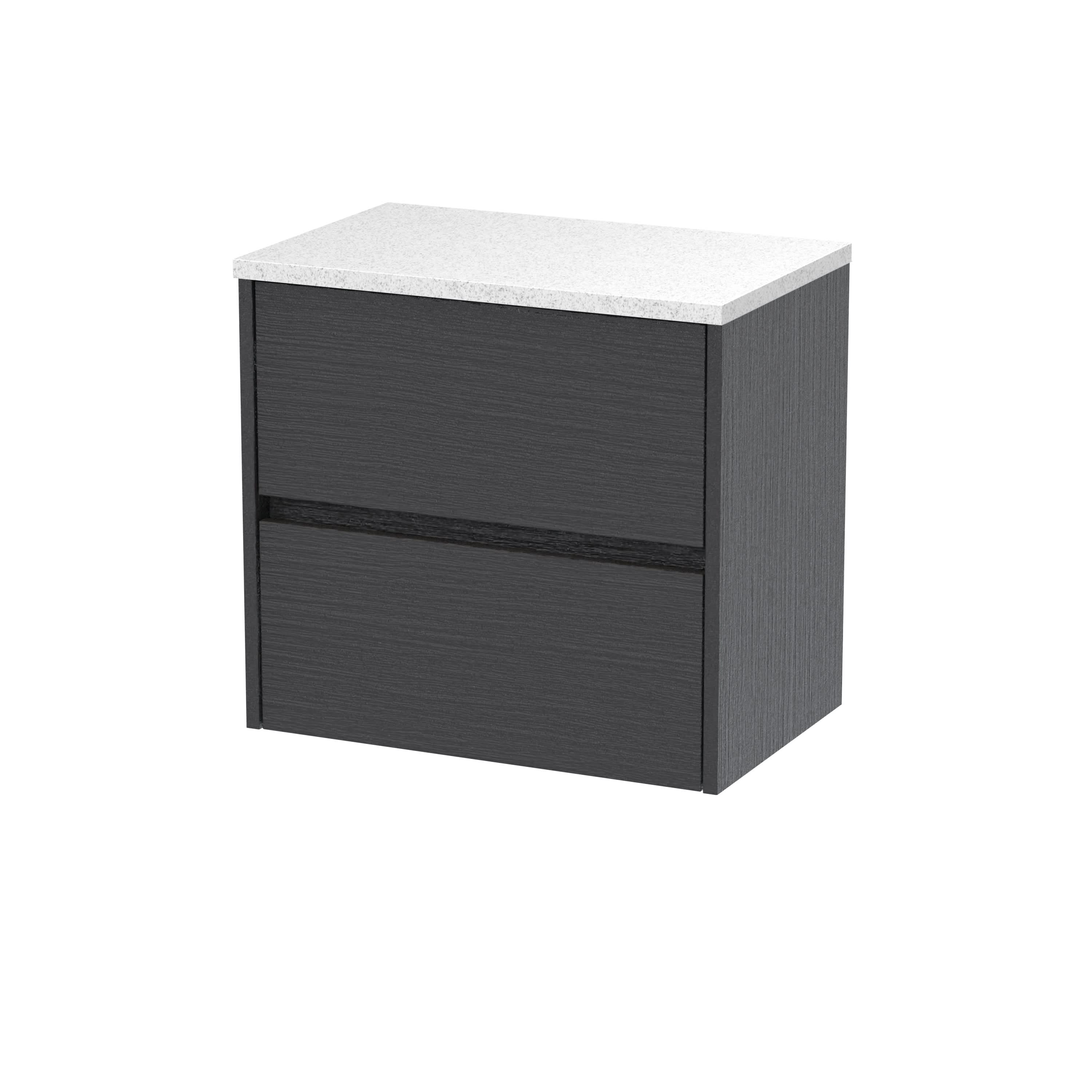 Nuie Havana Wall Hung 2-Drawer Vanity Unit & Worktop in Sparkling White, Countertop Basin Unit, Graphite Grey Woodgrain, 600mm