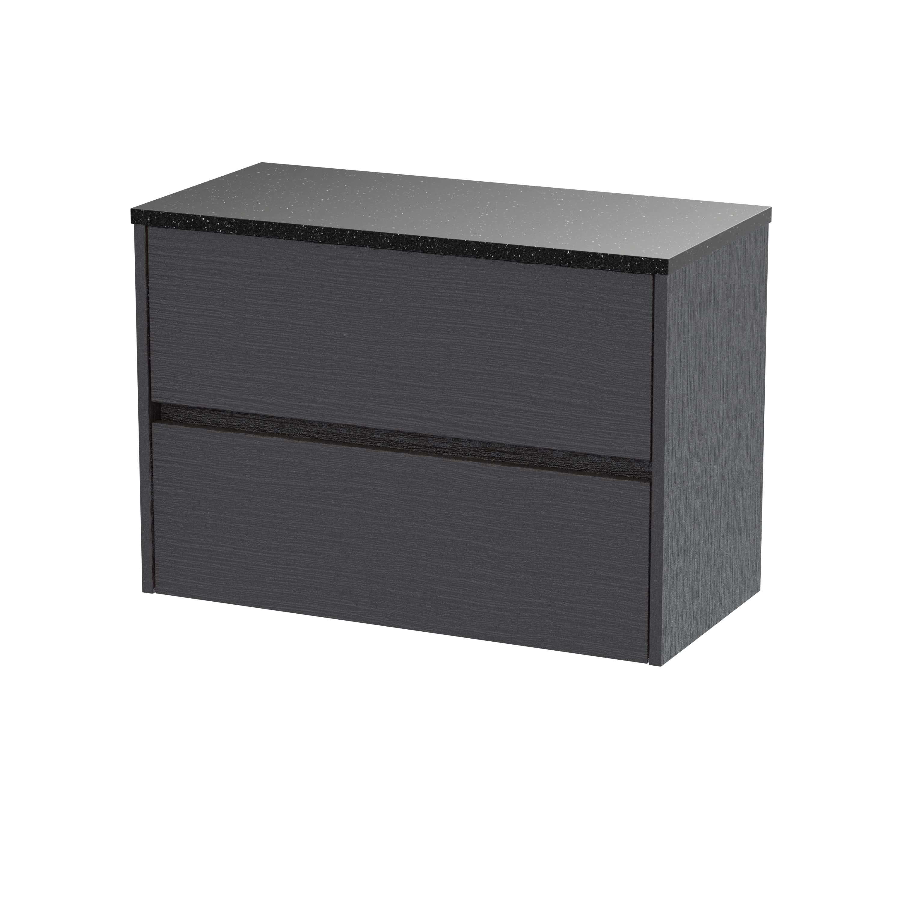 Nuie Havana Wall Hung 2-Drawer Vanity Unit & Worktop in Sparkling Black, Countertop Basin Unit, Graphite Grey Woodgrain, 800mm