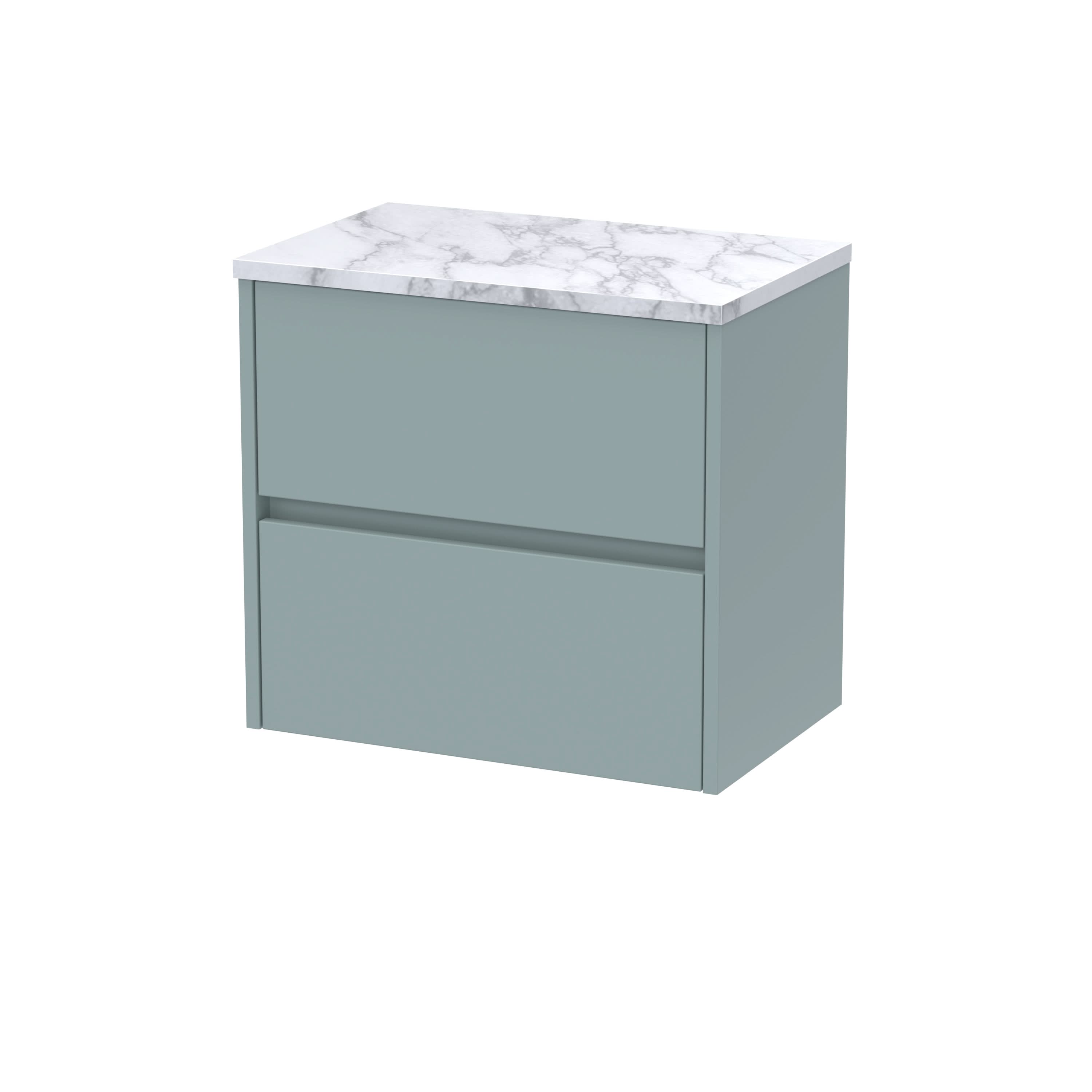 Nuie Havana Wall Hung 2-Drawer Vanity Unit & Worktop in Carrera Marble, Countertop Basin Unit in Coastal Grey, 600mm