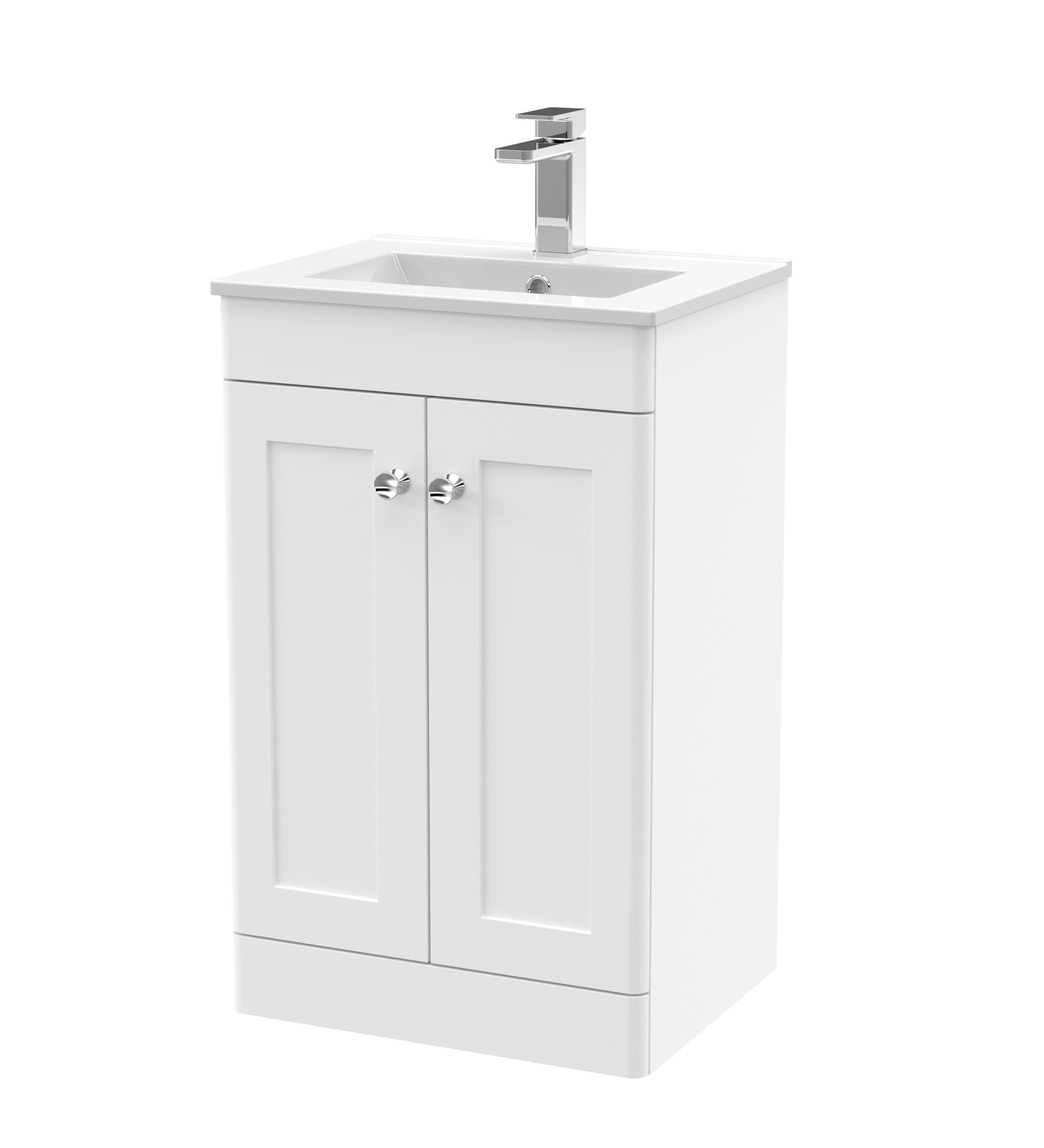 Nuie Classique Floor Standing 2 Door Vanity Unit & Minimalist Ceramic Basin, Traditional Sink Vanity Unit in Satin White, 500mm