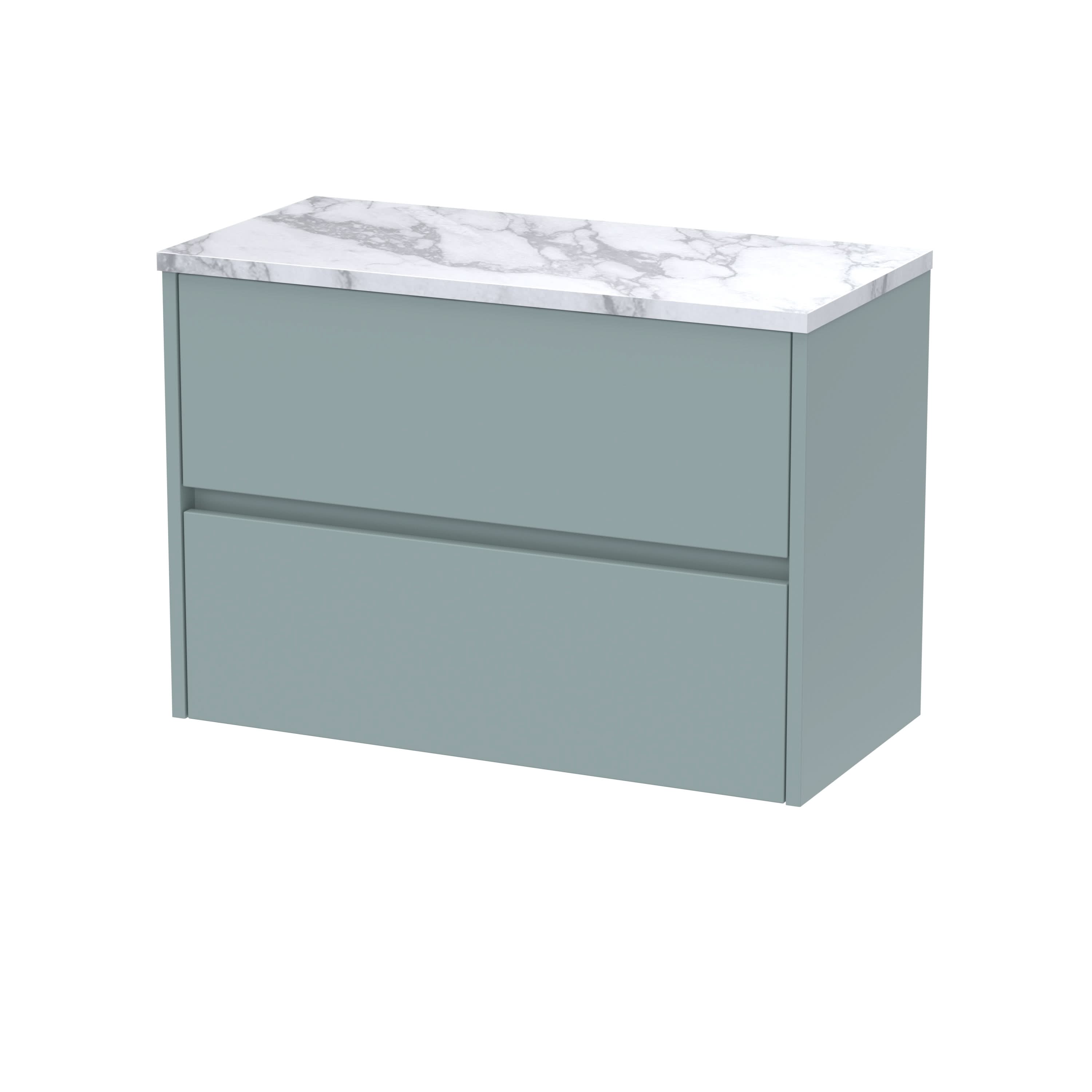 Nuie Havana Wall Hung 2-Drawer Vanity Unit & Worktop in Carrera Marble, Countertop Basin Unit in Coastal Grey, 800mm