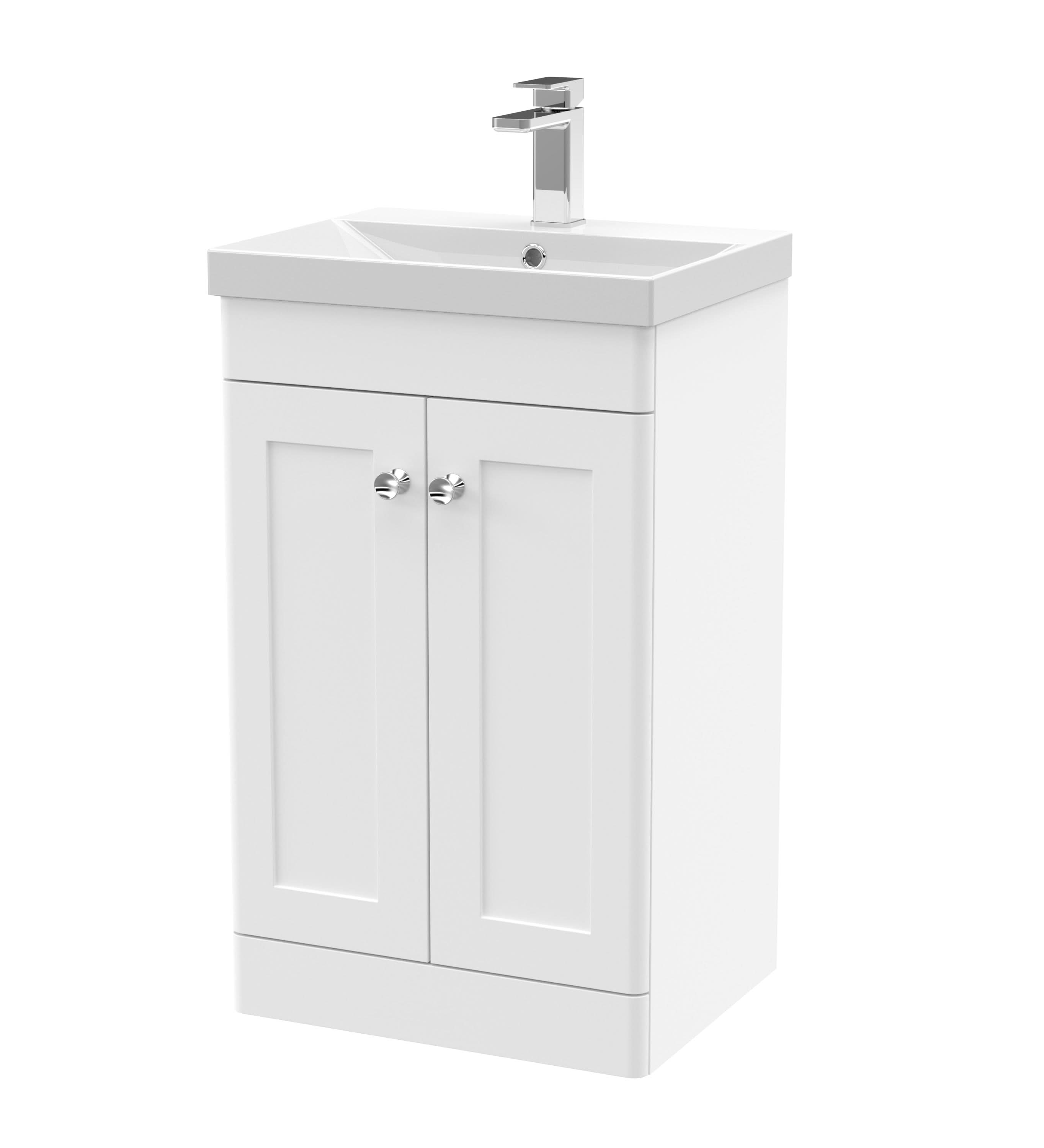 Nuie Classique Floor Standing 2 Door Vanity Unit & Thin-Edge Ceramic Basin, Traditional Sink Vanity Unit in Satin White, 500mm