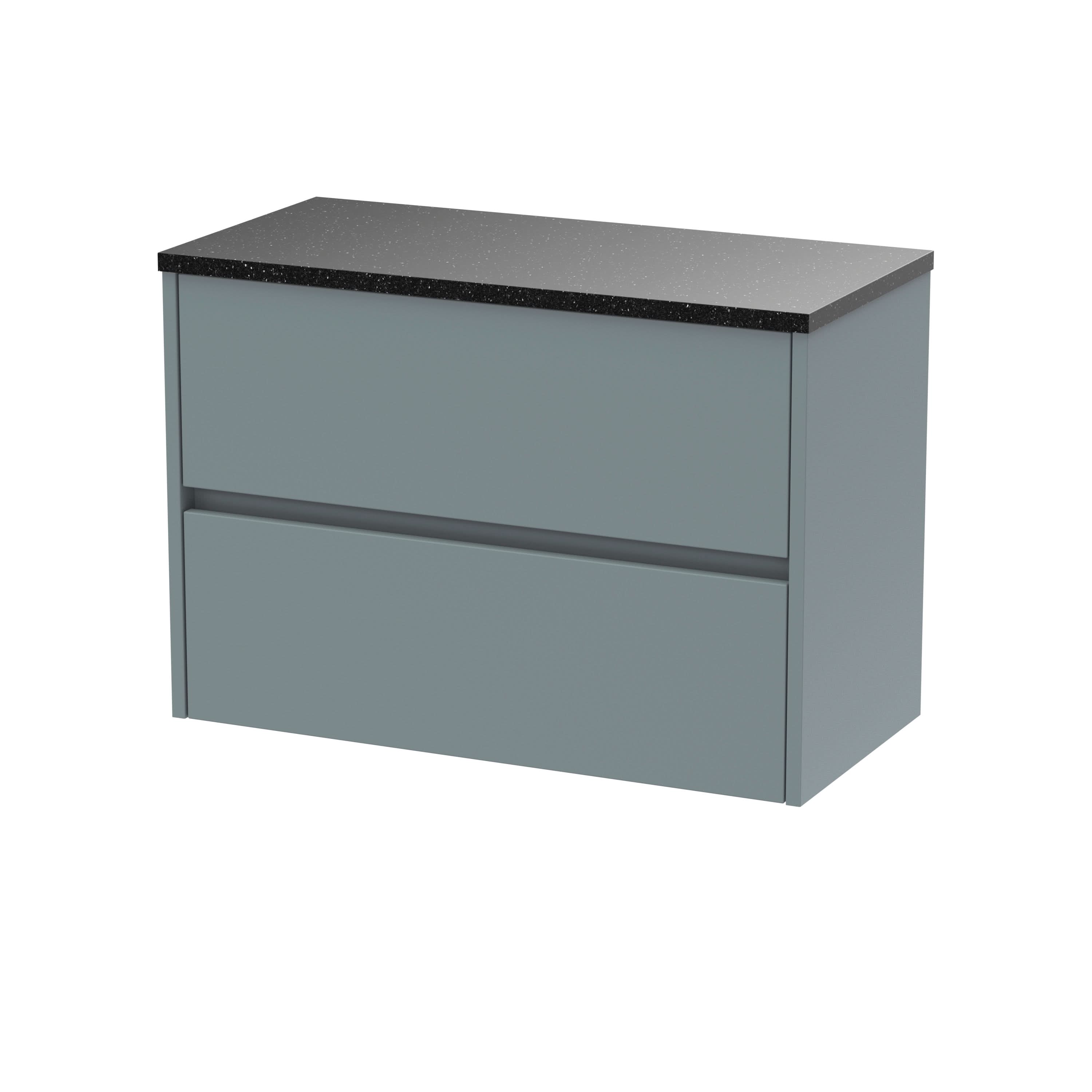 Nuie Havana Wall Hung 2-Drawer Vanity Unit & Worktop in Sparkling Black, Countertop Basin Unit in Coastal Grey, 800mm