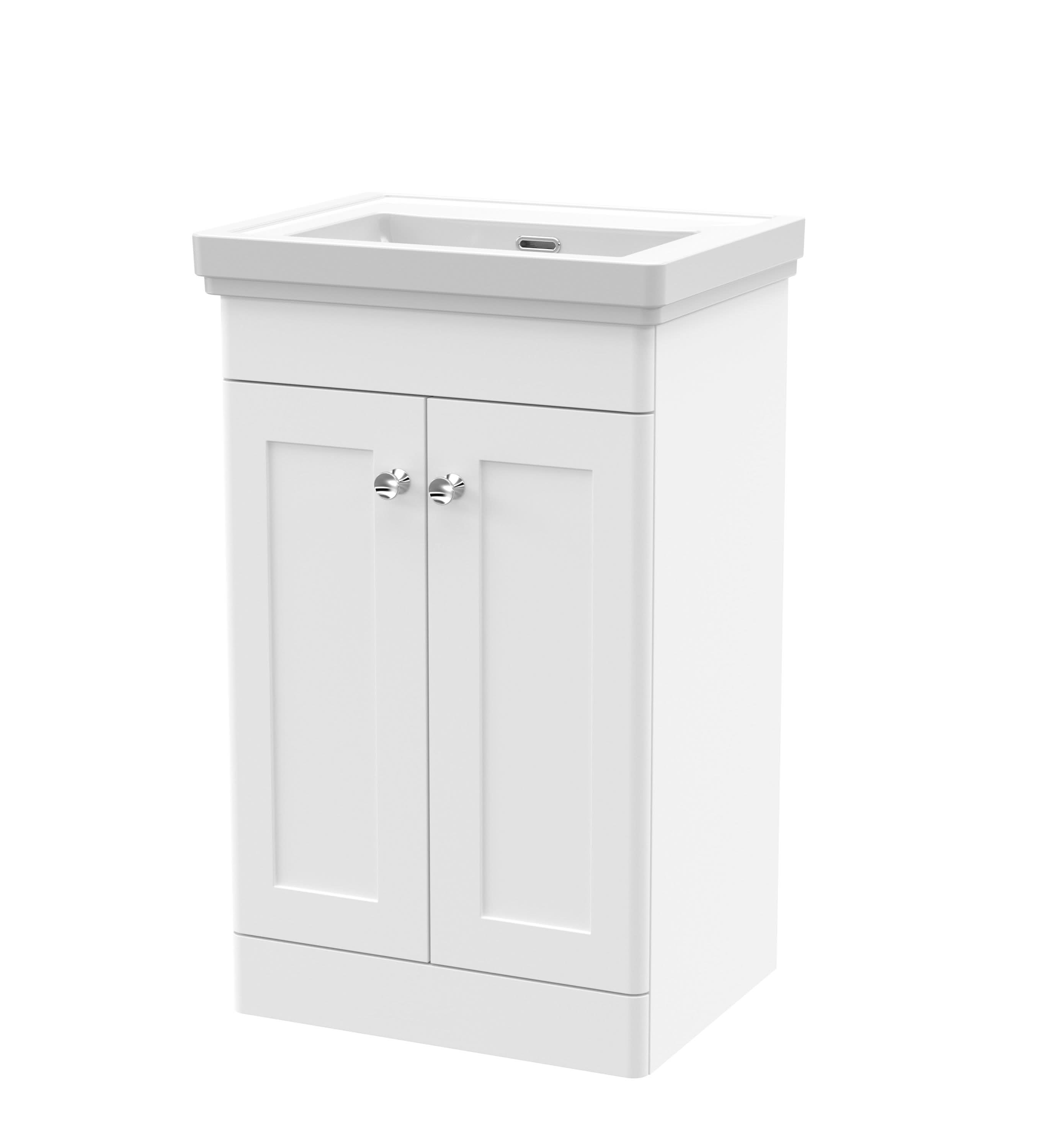 Nuie Classique Floor Standing 2 Door Vanity Unit Without Tap Hole Fireclay Basin, Elegant Sink Vanity Unit in Satin White, 500mm