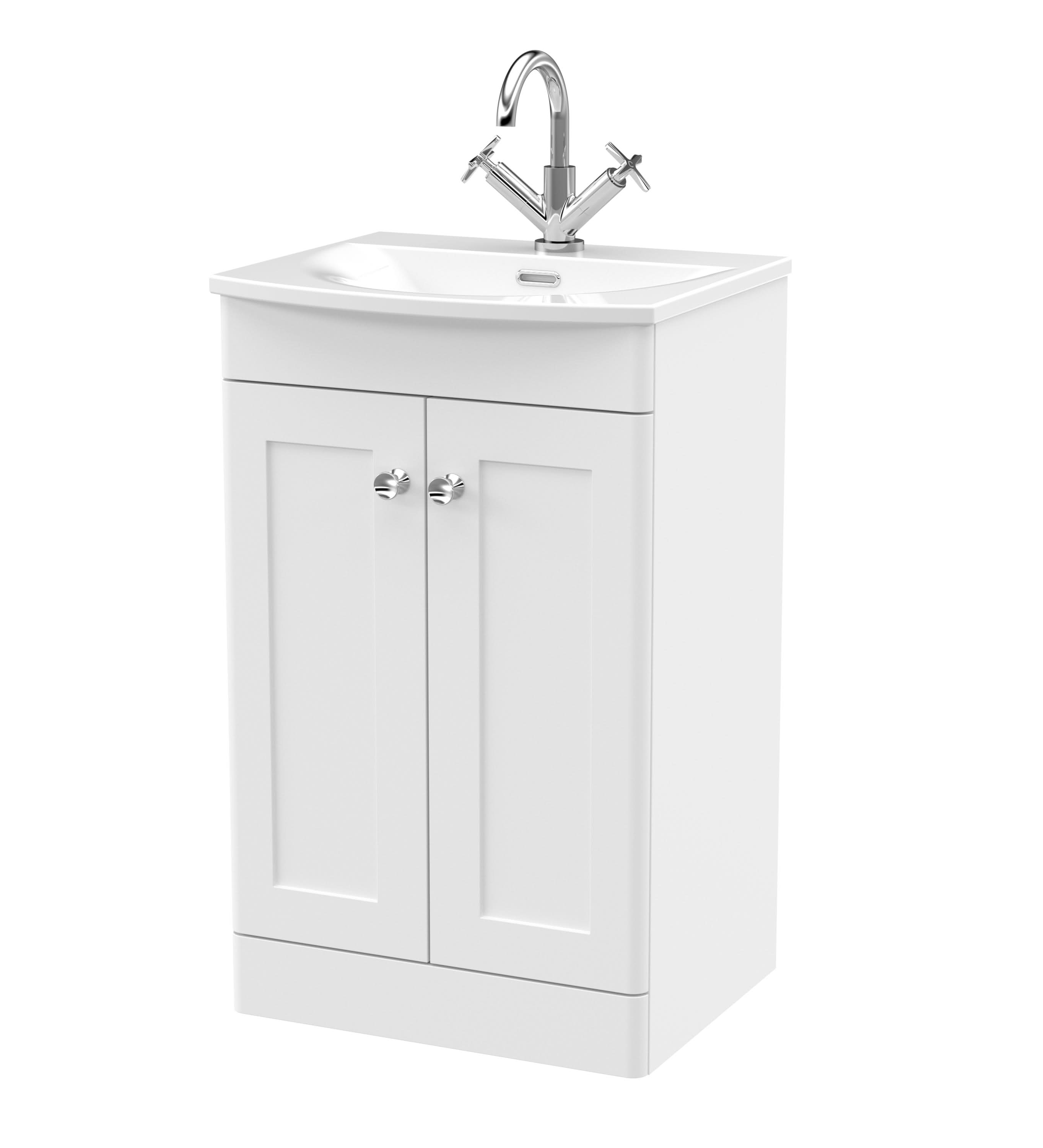 Nuie Classique Floor Standing 2 Door Vanity Unit & Curved Ceramic Basin, Traditional Sink Vanity Unit in Satin White, 500mm