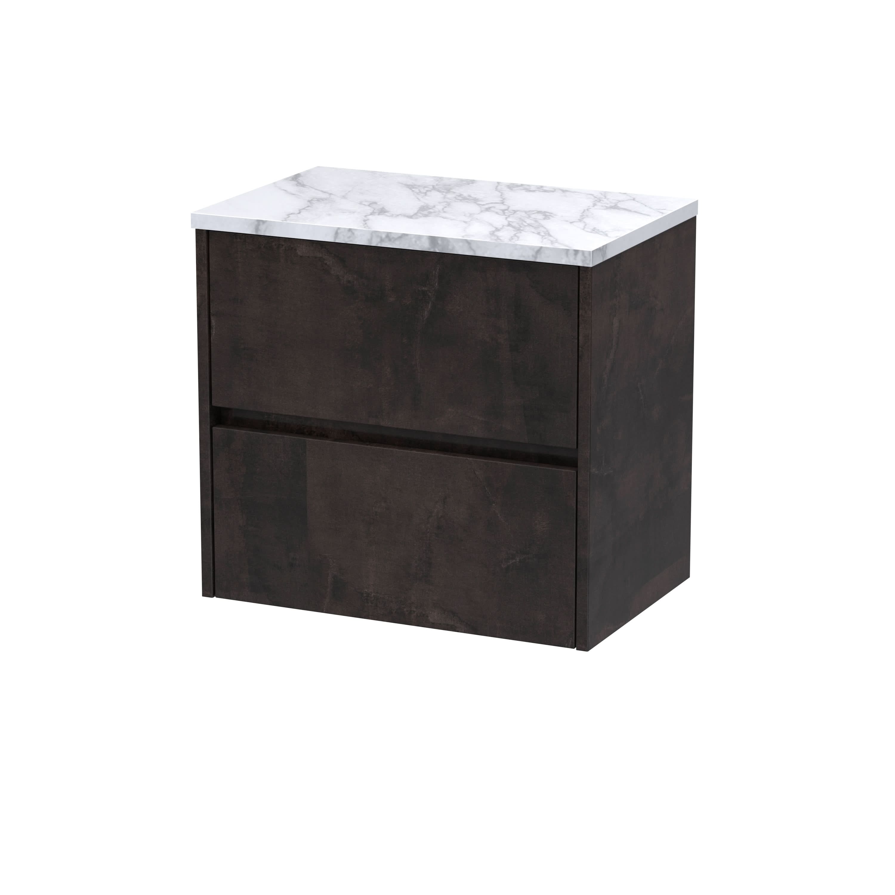 Nuie Havana Wall Hung 2-Drawer Vanity Unit & Worktop in Carrera Marble, Countertop Basin Unit in Metallic Slate, 600mm