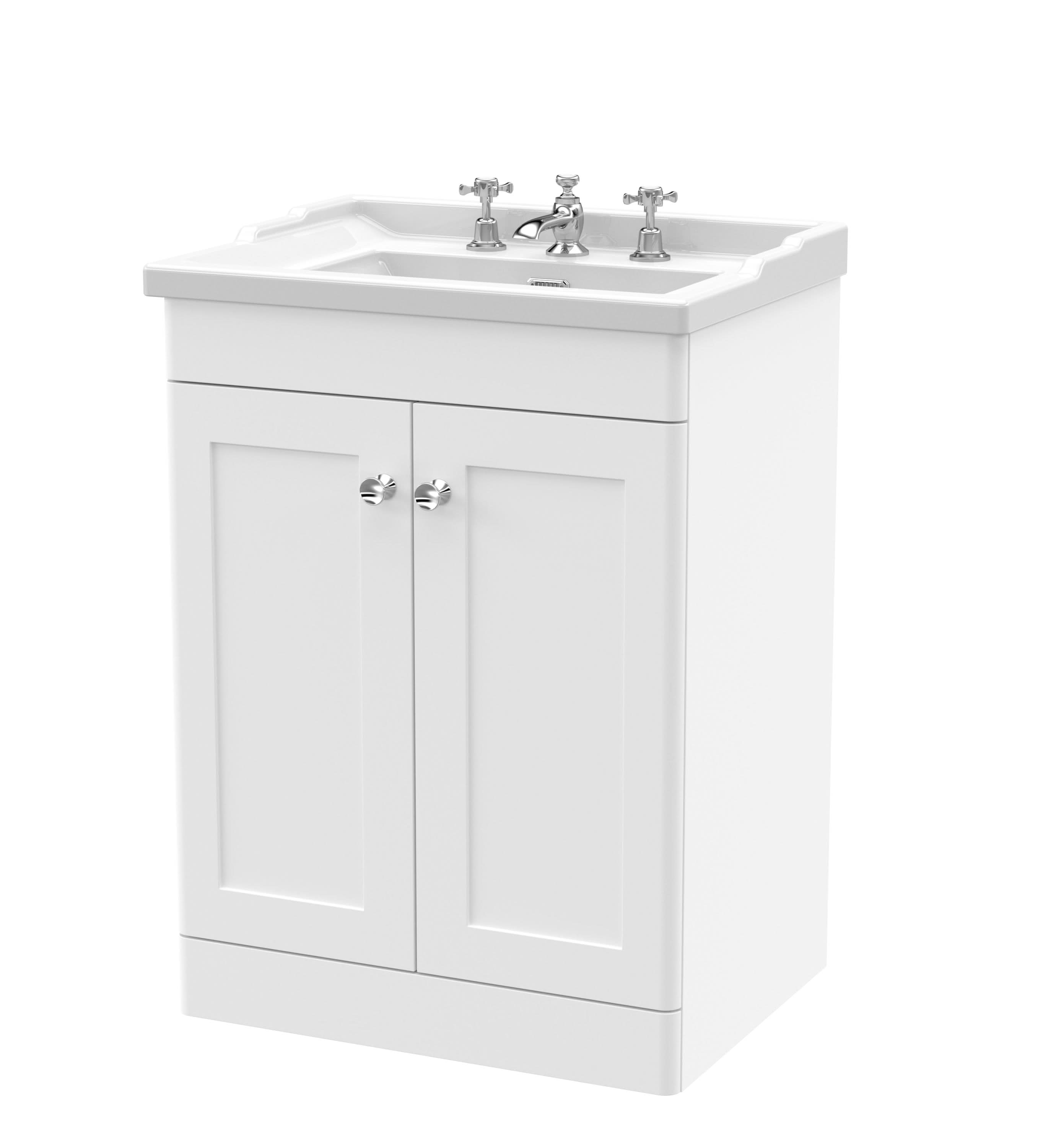 Nuie Classique Floor Standing 2 Door Vanity Unit & 3 Tap Hole Fireclay Basin, Elegant Sink Vanity Unit in Satin White, 600mm