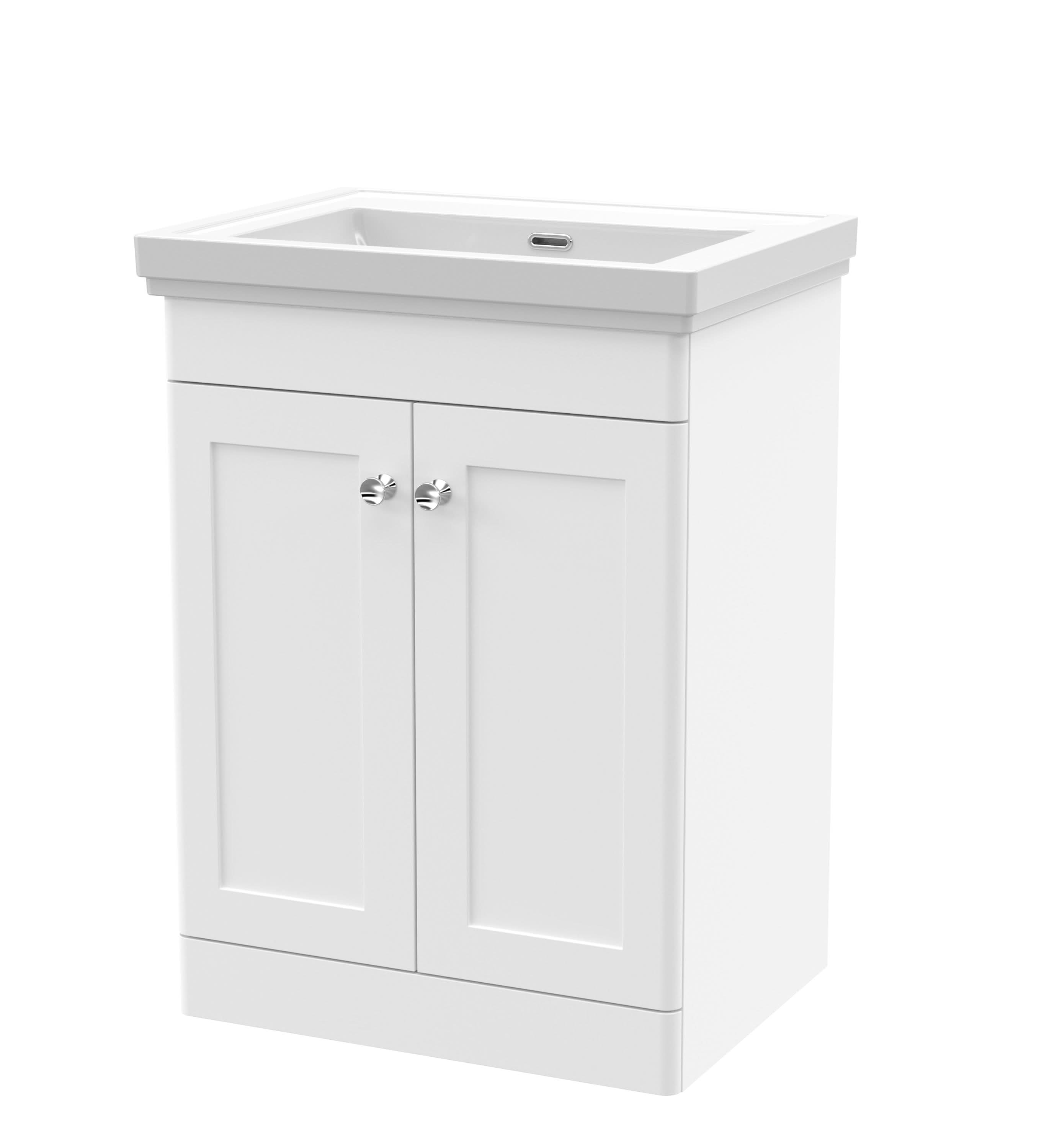 Nuie Classique Floor Standing 2 Door Vanity Unit Without Tap Hole Fireclay Basin, Elegant Sink Vanity Unit in Satin White, 600mm