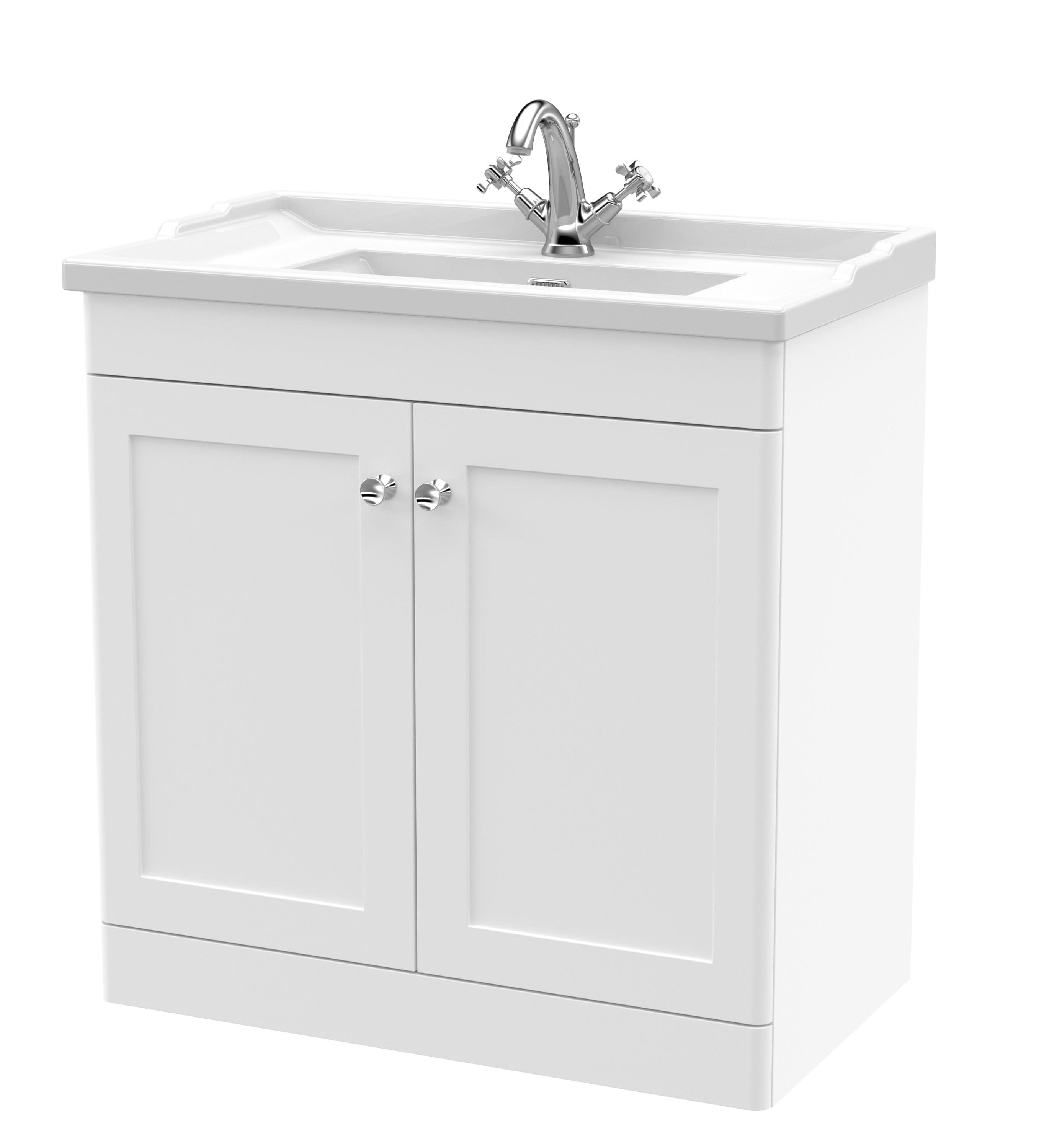 Nuie Classique Floor Standing 2 Door Vanity Unit & 1 Tap Hole Fireclay Basin, Elegant Sink Vanity Unit in Satin White, 800mm