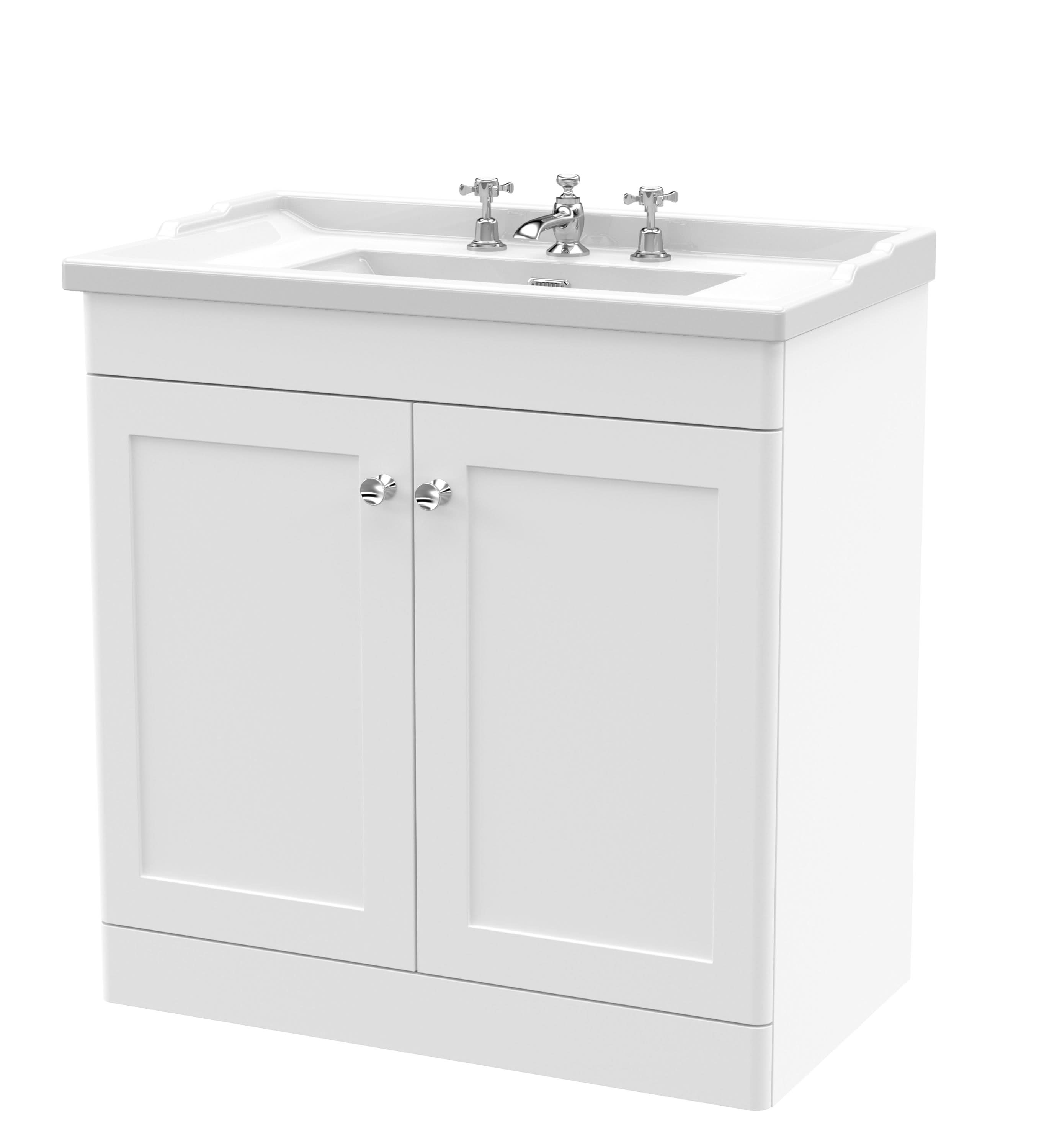Nuie Classique Floor Standing 2 Door Vanity Unit & 3 Tap Hole Fireclay Basin, Elegant Sink Vanity Unit in Satin White, 800mm