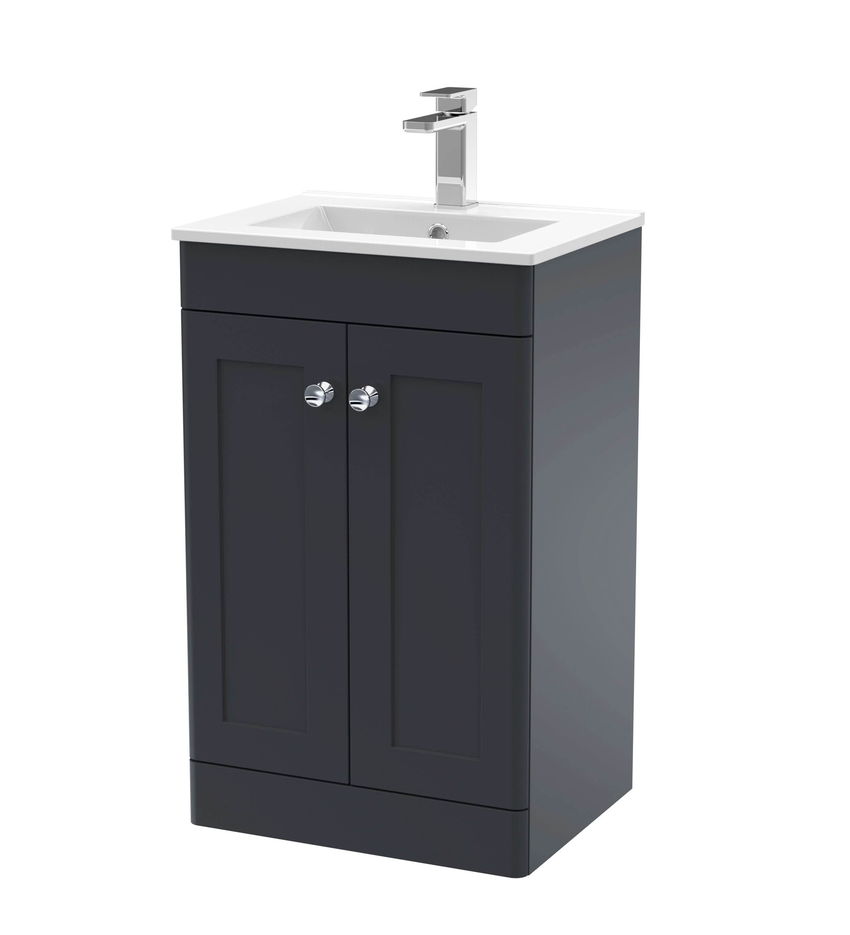 Nuie Classique Floor Standing 2 Door Vanity Unit & Minimalist Ceramic Basin, Sink Vanity Unit in Soft Black with White Basin, 500mm