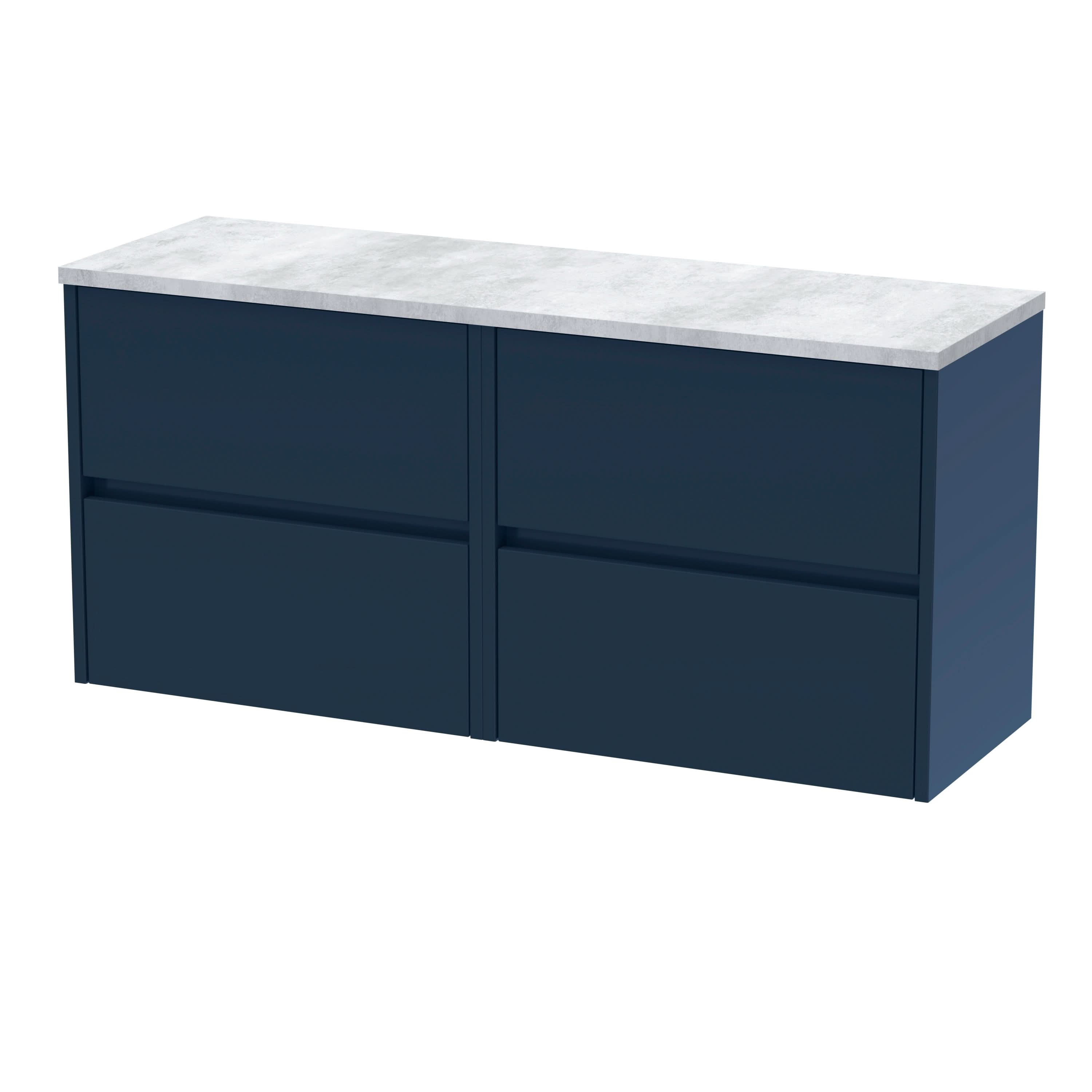 Nuie Havana Wall Hung 4-Drawer Vanity Unit & Worktop in Carrera Marble, Countertop Basin Unit in Midnight Blue, 1200mm