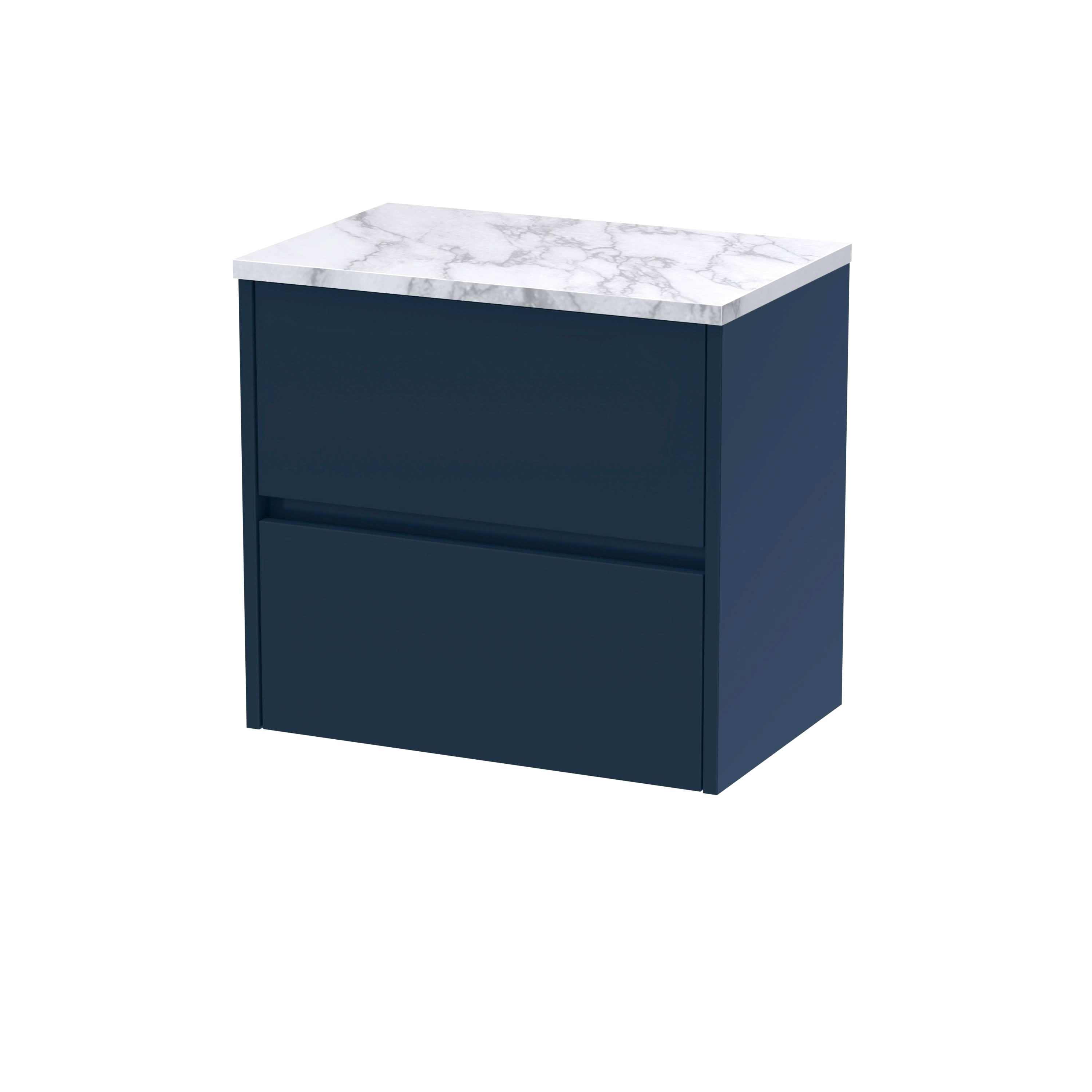 Nuie Havana Wall Hung 2-Drawer Vanity Unit & Worktop in Carrera Marble, Countertop Basin Unit in Midnight Blue, 600mm