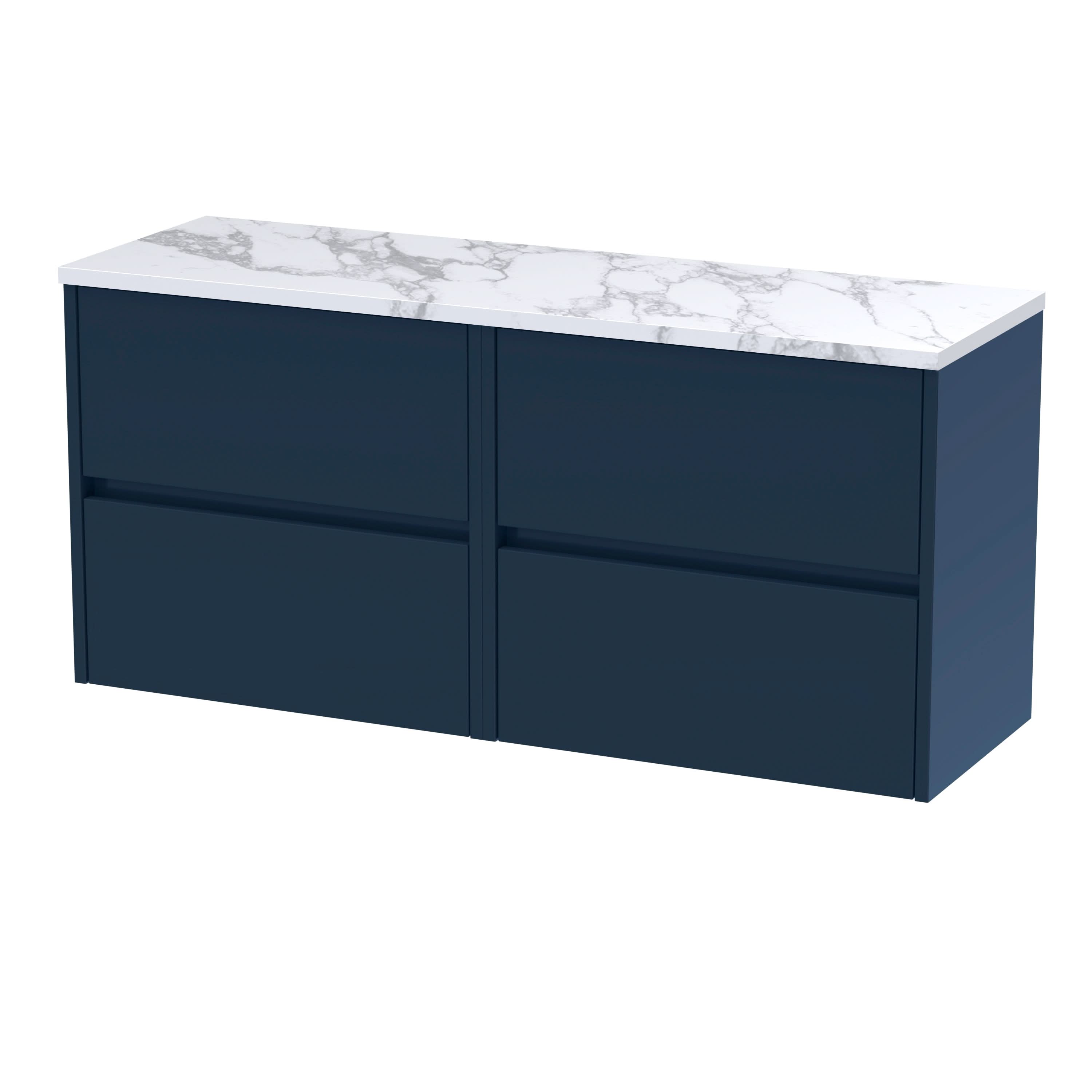 Nuie Havana Wall Hung 4-Drawer Vanity Unit & Worktop in Sparkling Black, Countertop Basin Unit in Midnight Blue, 1200mm