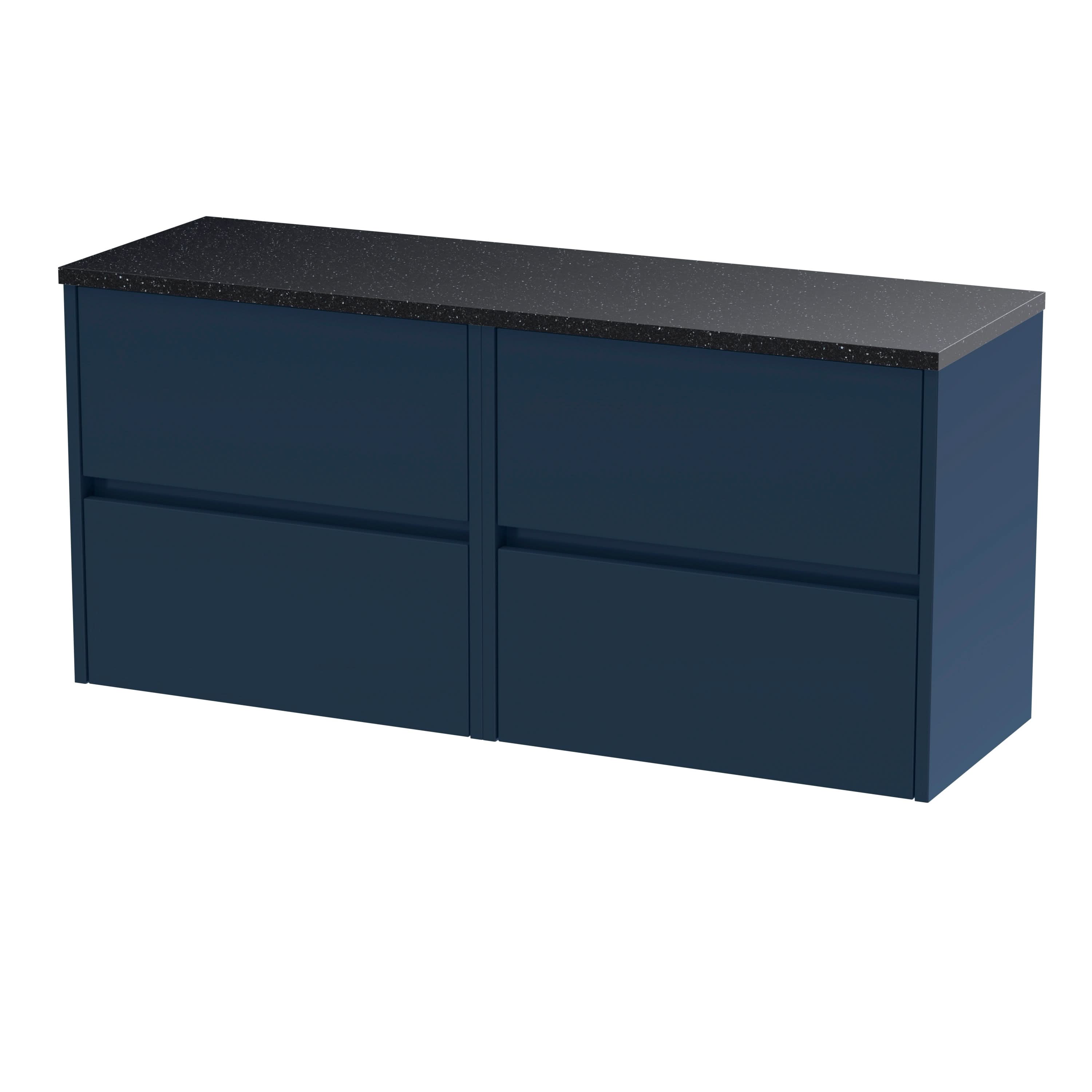Nuie Havana Wall Hung 4-Drawer Vanity Unit & Worktop in Sparkling White, Countertop Basin Unit in Midnight Blue, 1200mm