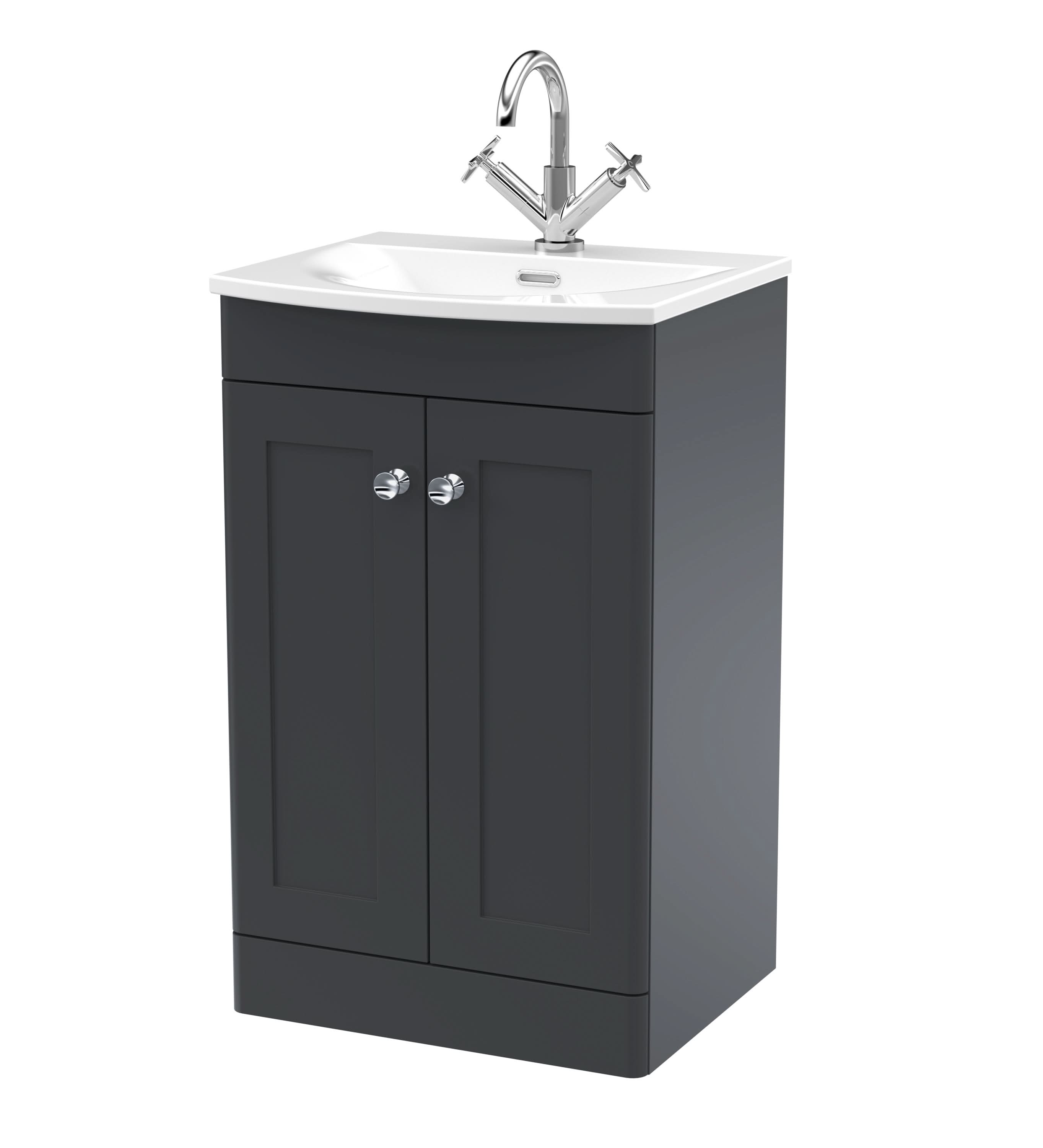 Nuie Classique Floor Standing 2 Door Vanity Unit & Curved Ceramic Basin, Sink Vanity Unit in Soft Black with White Basin, 500mm