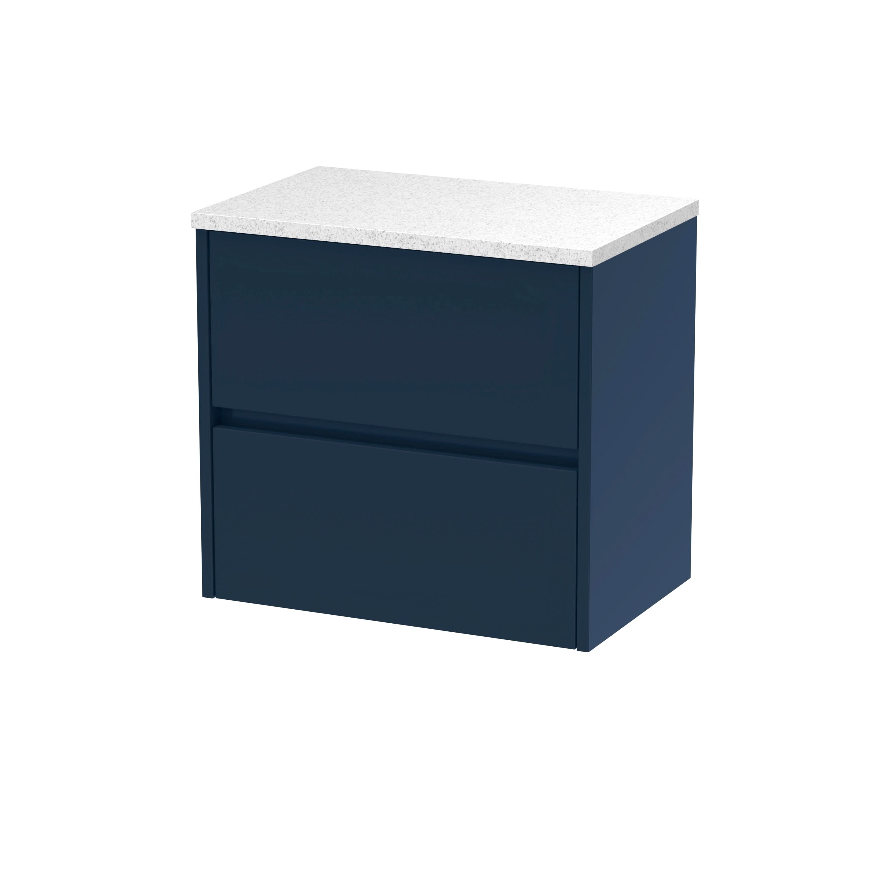 Nuie Havana Wall Hung 2-Drawer Vanity Unit & White Marble Worktop in Indigo Blue, Countertop Basin Unit in Midnight Blue, 600mm