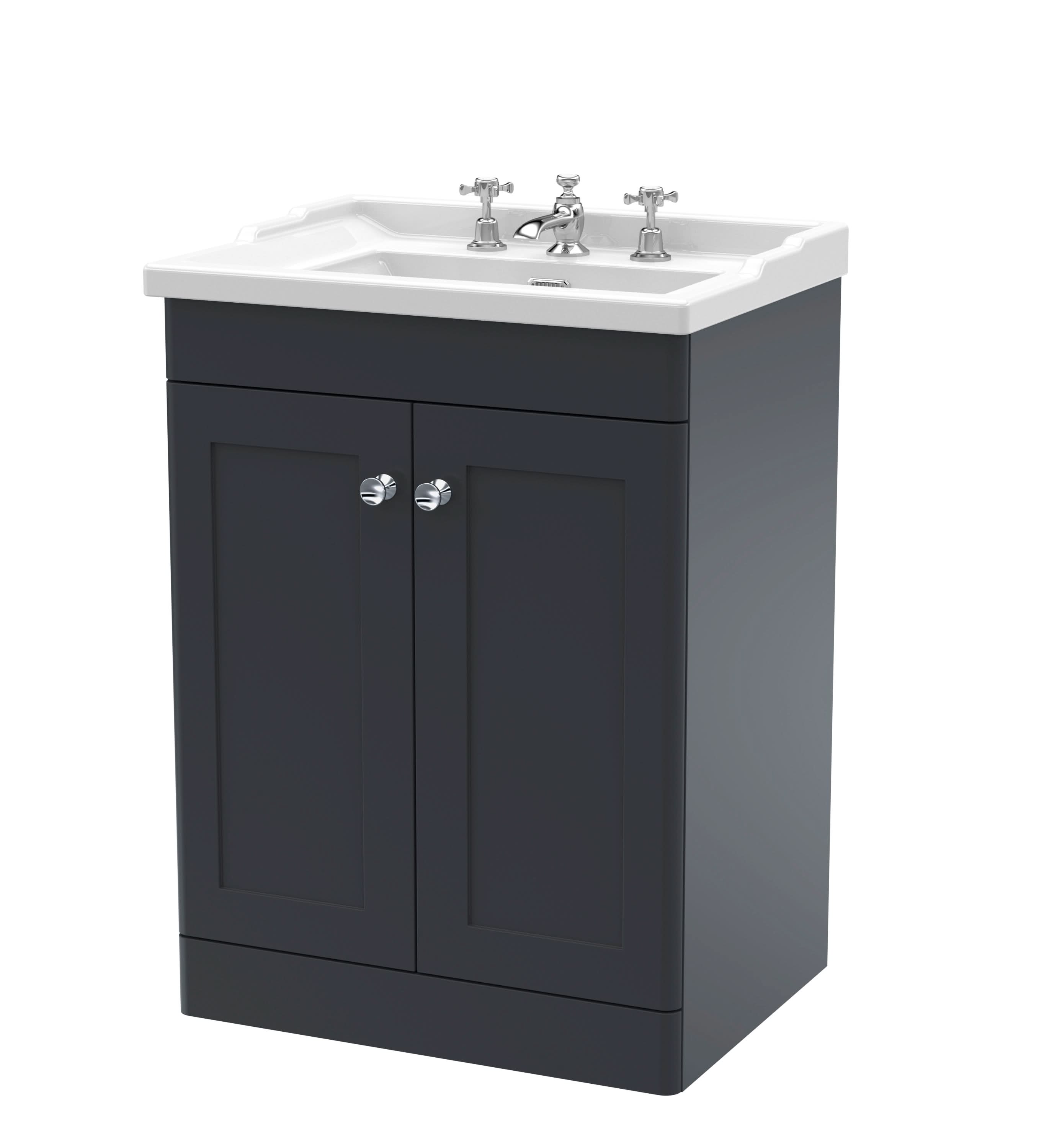 Nuie Classique Floor Standing 2 Door Unit & 3 Tap Hole Fireclay Basin, Soft Black Sink Vanity Unit in Soft Black with White Basin, 600mm