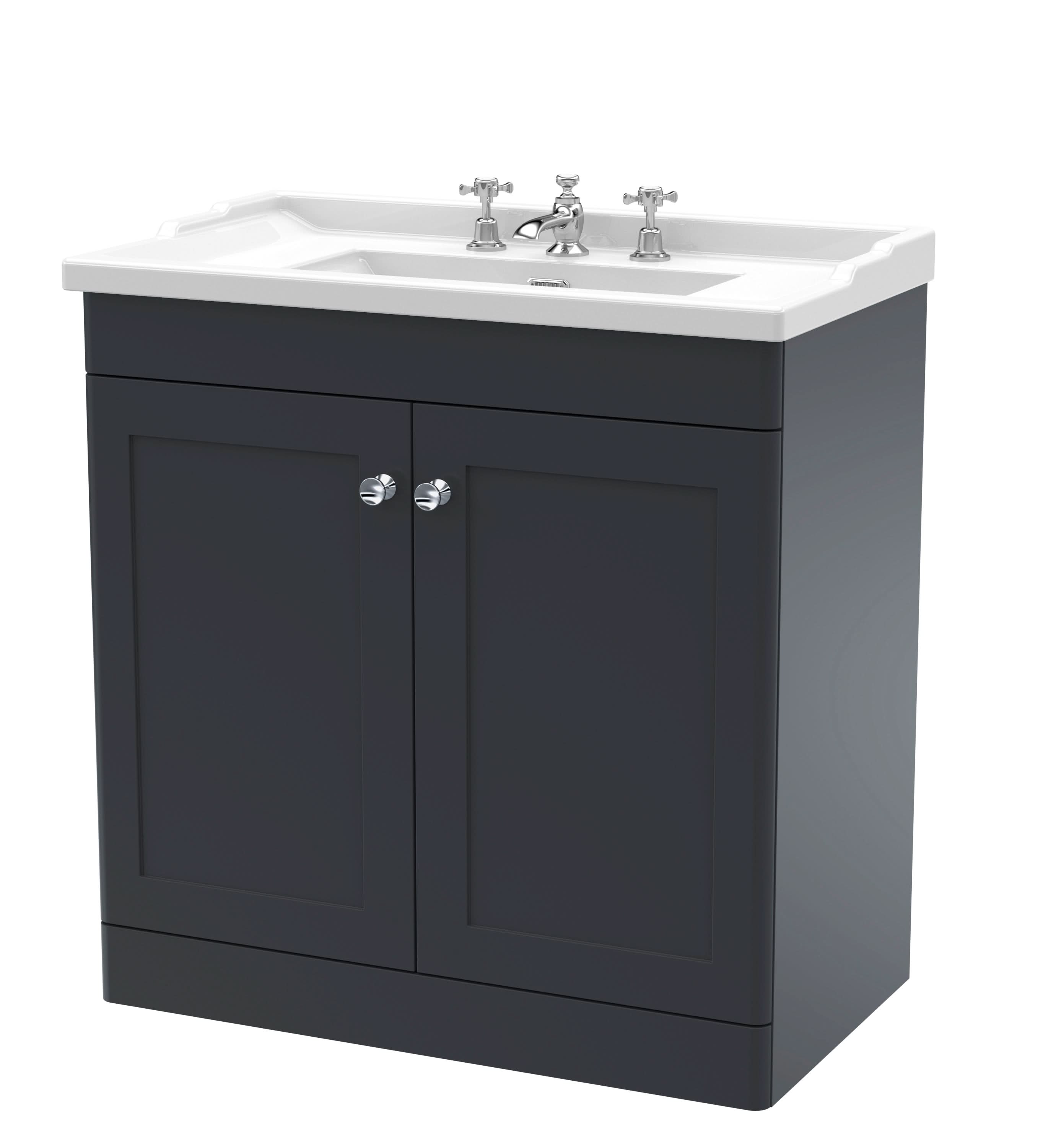 Nuie Classique Floor Standing 2 Door Unit & 3 Tap Hole Fireclay Basin, Sink Vanity Unit in Soft Black with White Basin, 800mm