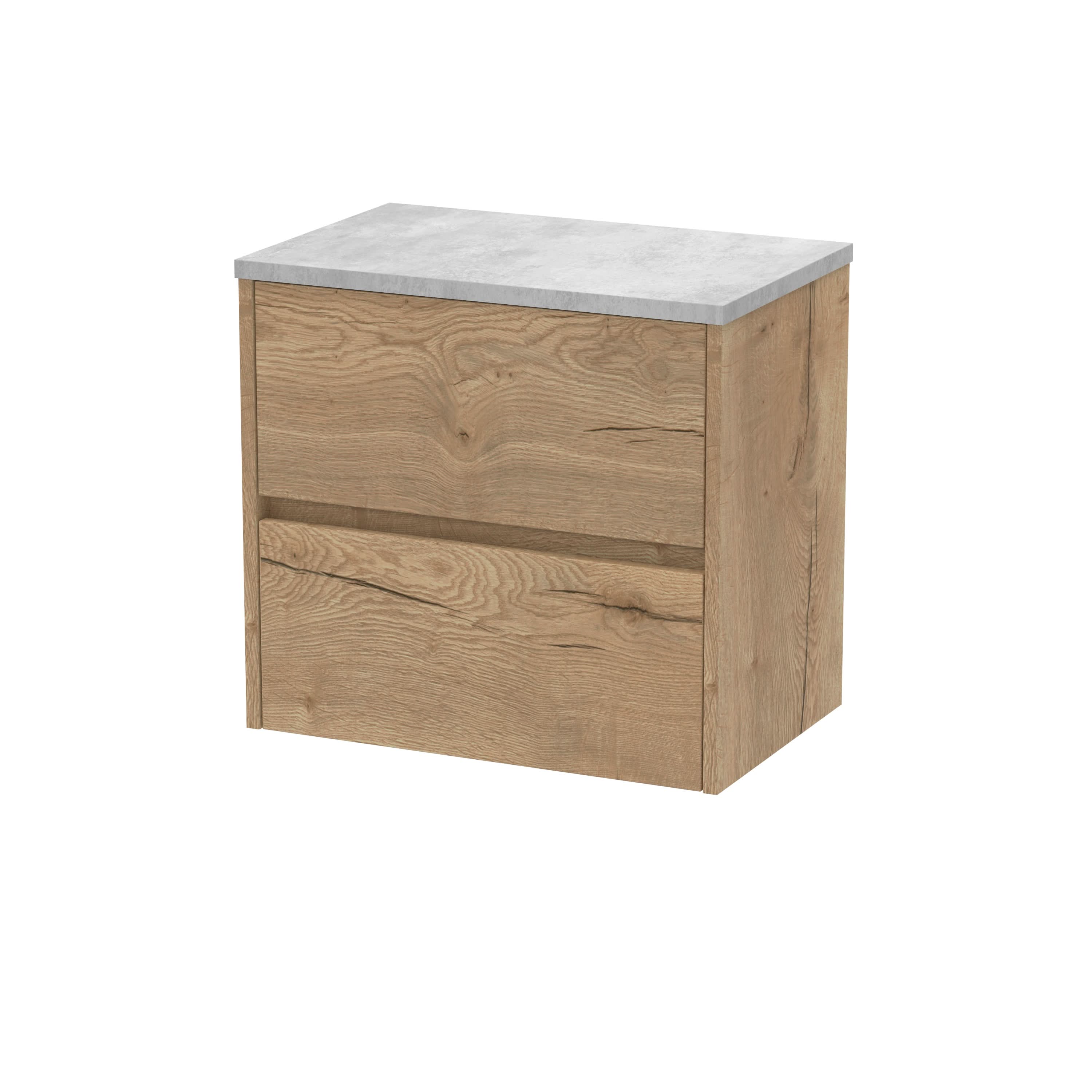 Nuie Havana Wall Hung 2-Drawer Vanity Unit & Worktop in Bellato Grey, Countertop Basin Unit in Autumn Oak, 600mm