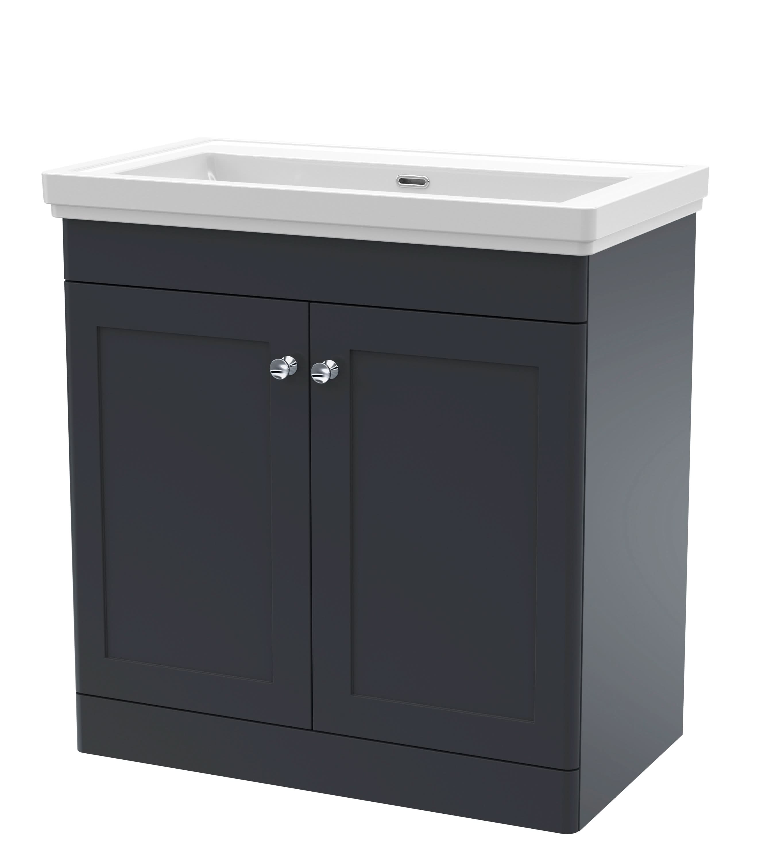 Nuie Classique Floor Standing 2 Door Unit Without Tap Hole Fireclay Basin, Sink Vanity Unit in Soft Black with White Basin, 800mm