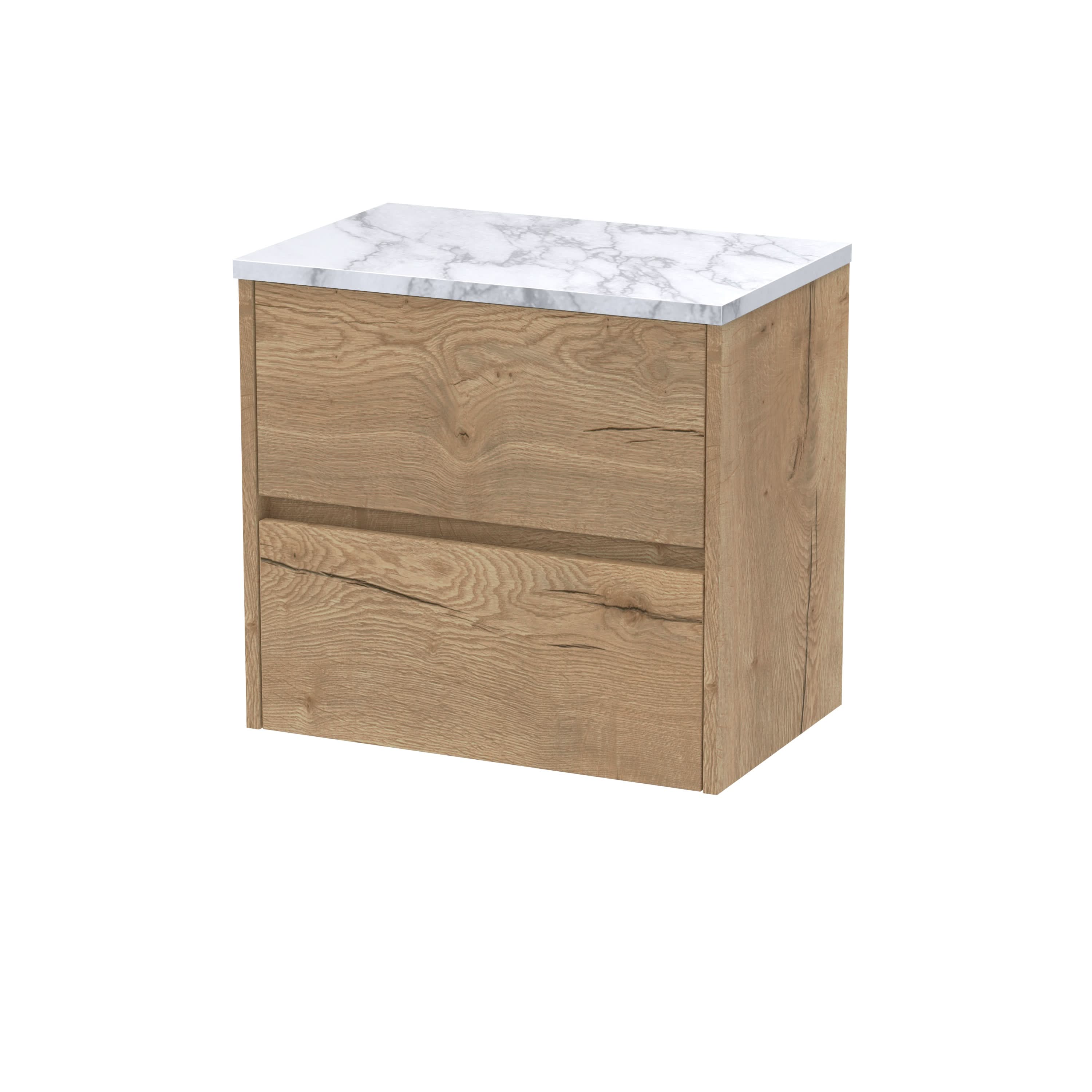 Nuie Havana Wall Hung 2-Drawer Vanity Unit & Worktop in Carrera Marble, Countertop Basin Unit in Autumn Oak, 600mm