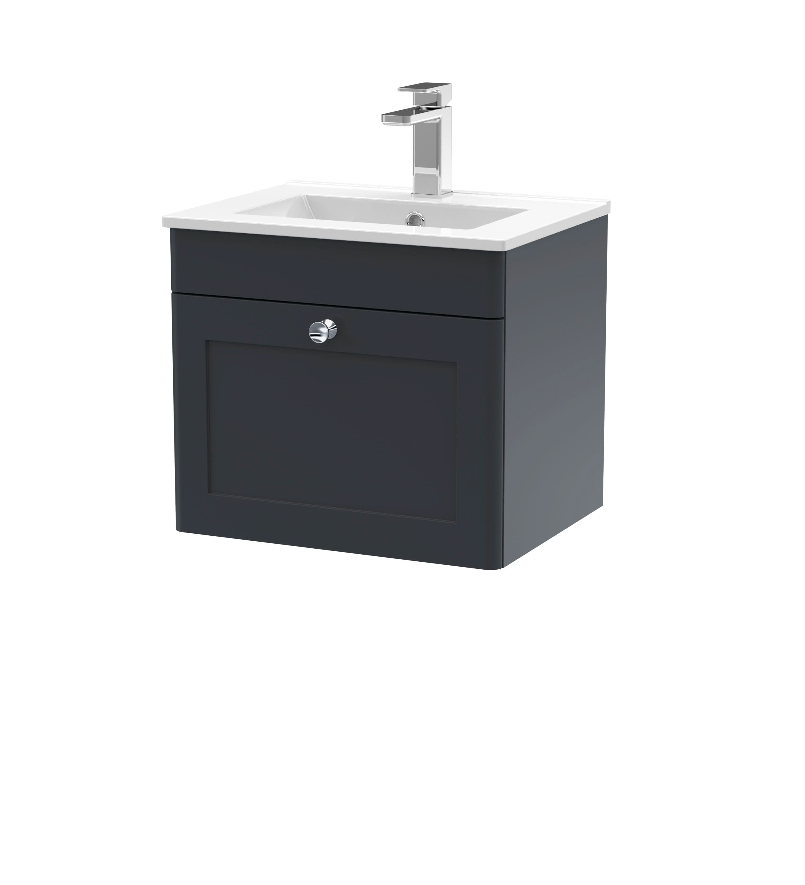 Nuie Classique Wall Hung 1 Drawer Unit & Minimalist Ceramic Basin, Stylish Sink Vanity Unit in Soft Black, 500mm
