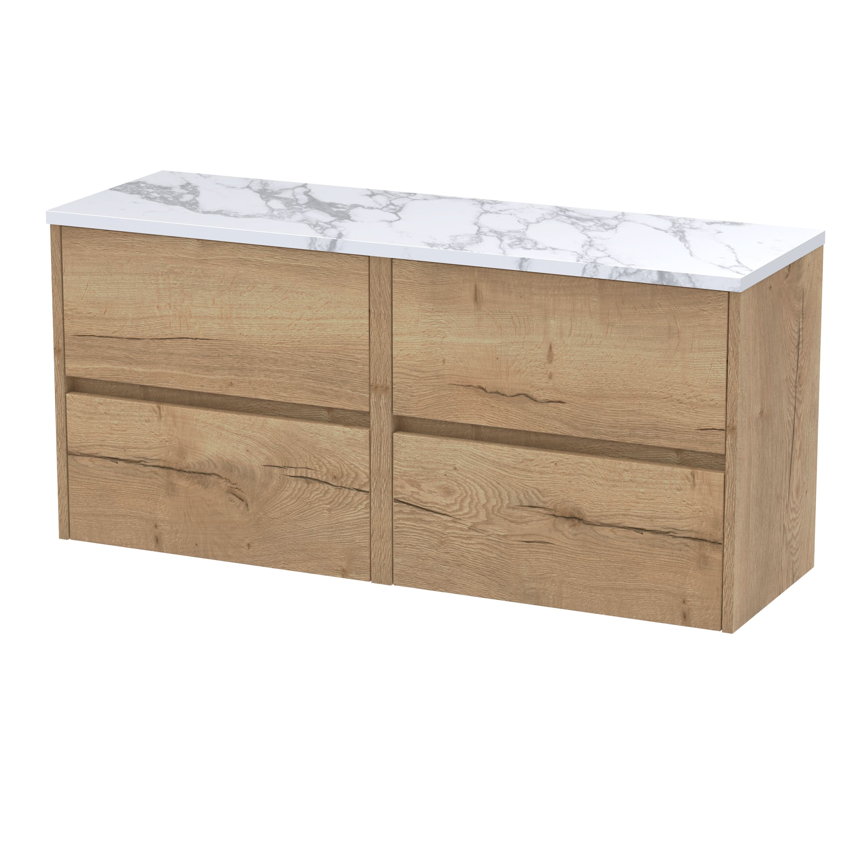 Nuie Havana Wall Hung 4-Drawer Vanity Unit & Worktop in Sparkling Black, Countertop Basin Unit in Autumn Oak, 1200mm