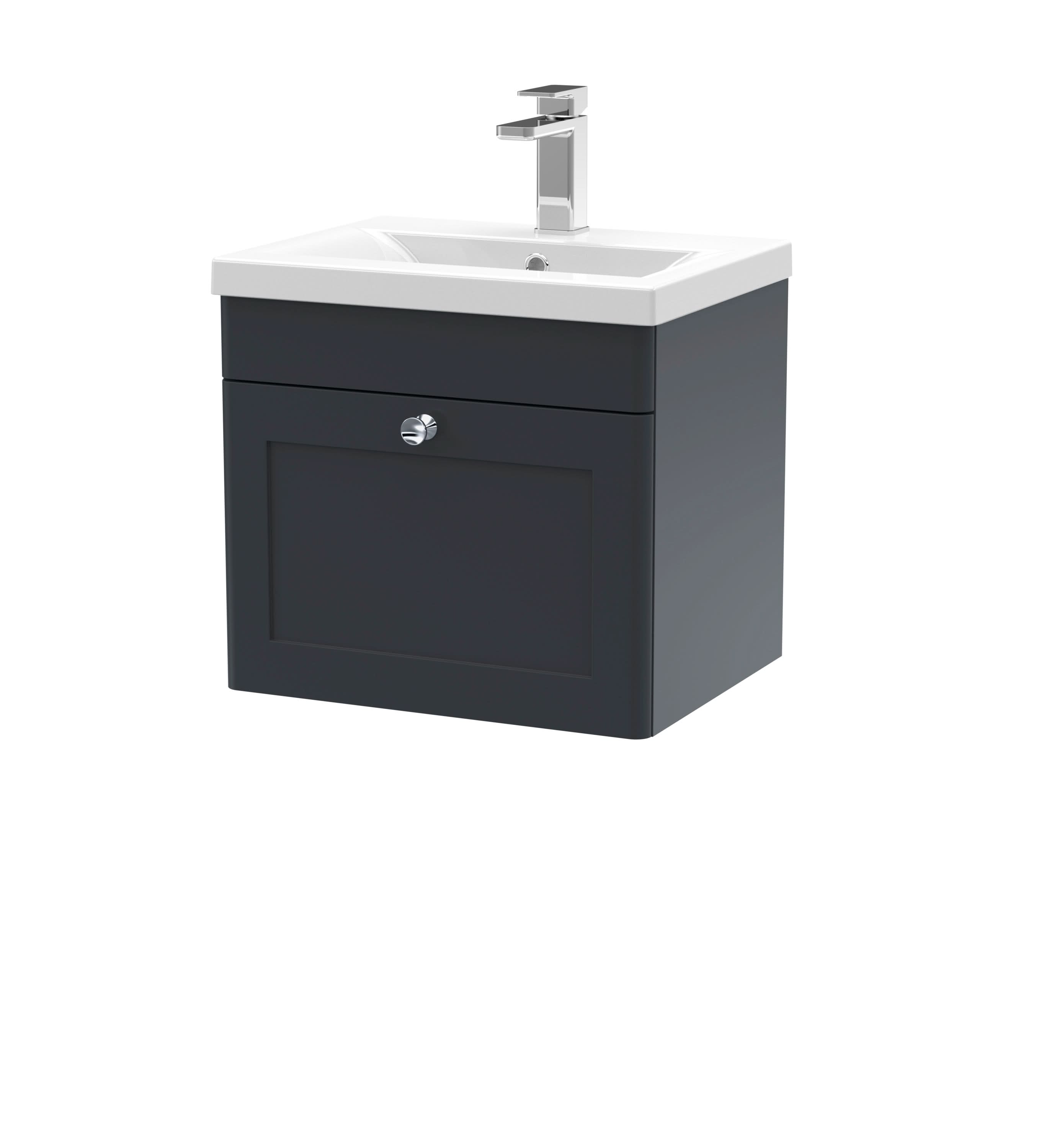 Nuie Classique Wall Hung 1 Drawer Unit & Mid-Edge Ceramic Basin, Stylish Sink Vanity Unit in Soft Black, 500mm