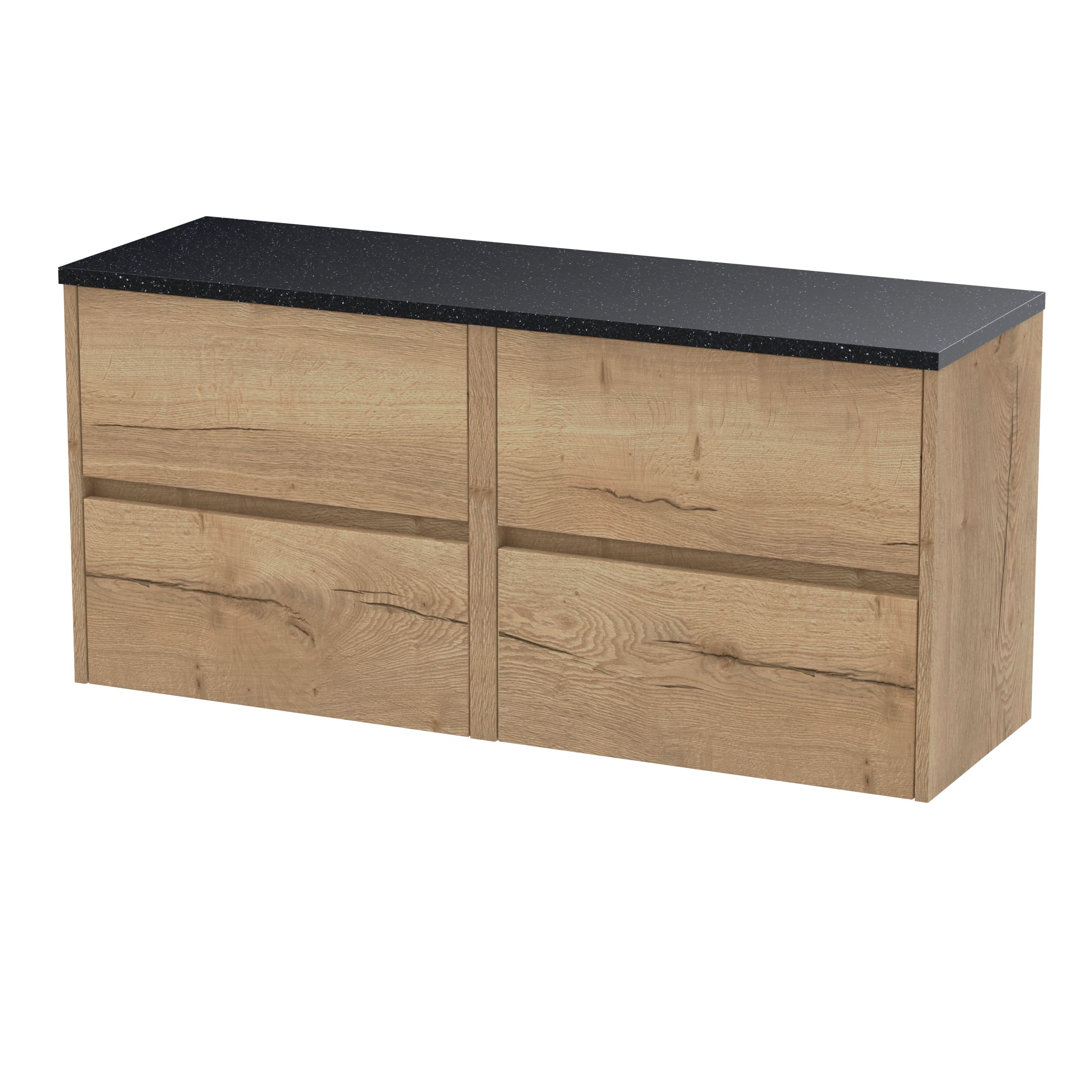 Nuie Havana Wall Hung 4-Drawer Vanity Unit & Worktop in Sparkling White, Countertop Basin Unit in Autumn Oak, 1200mm