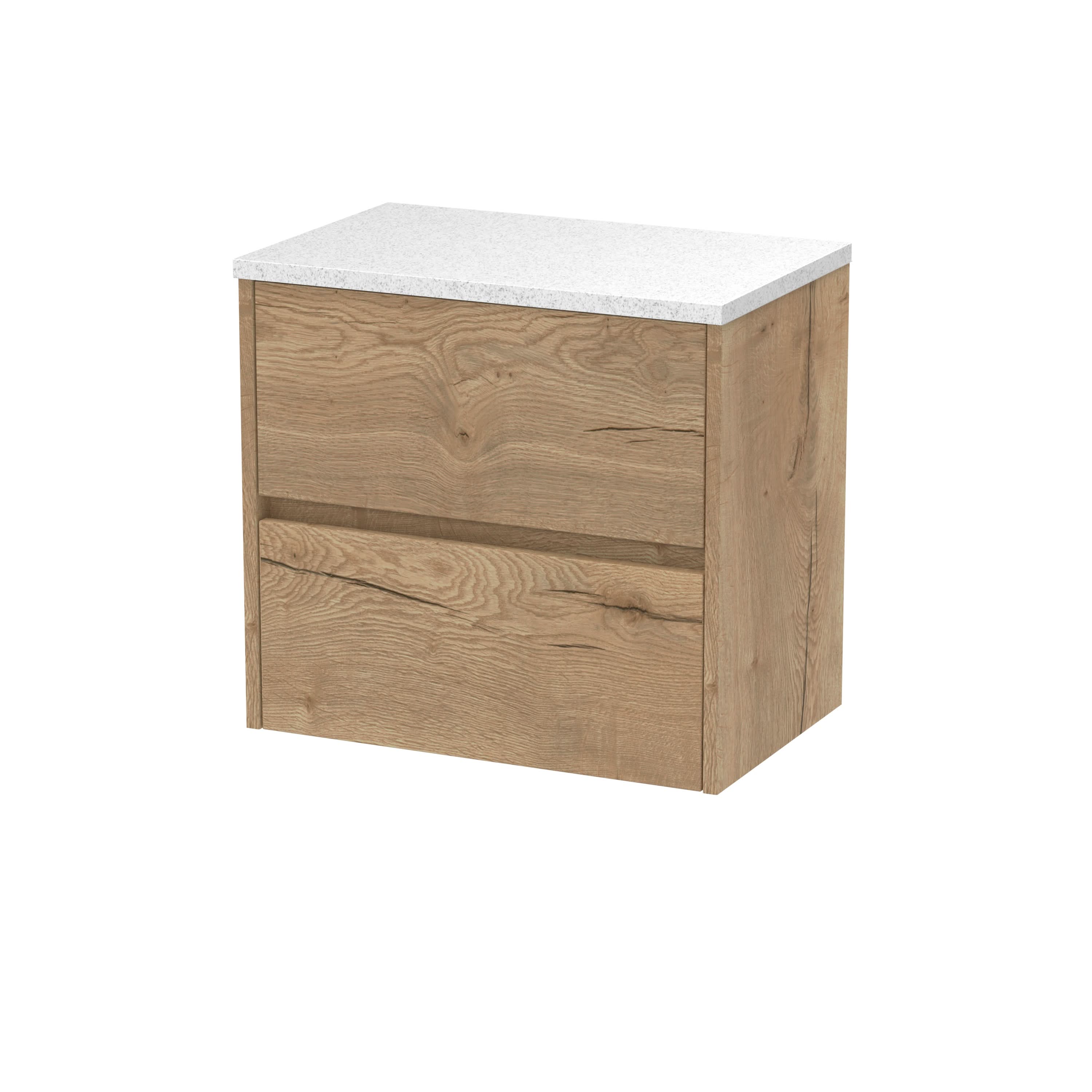 Nuie Havana Wall Hung 2-Drawer Vanity Unit & Worktop in Sparkling White, Countertop Basin Unit in Autumn Oak, 600mm