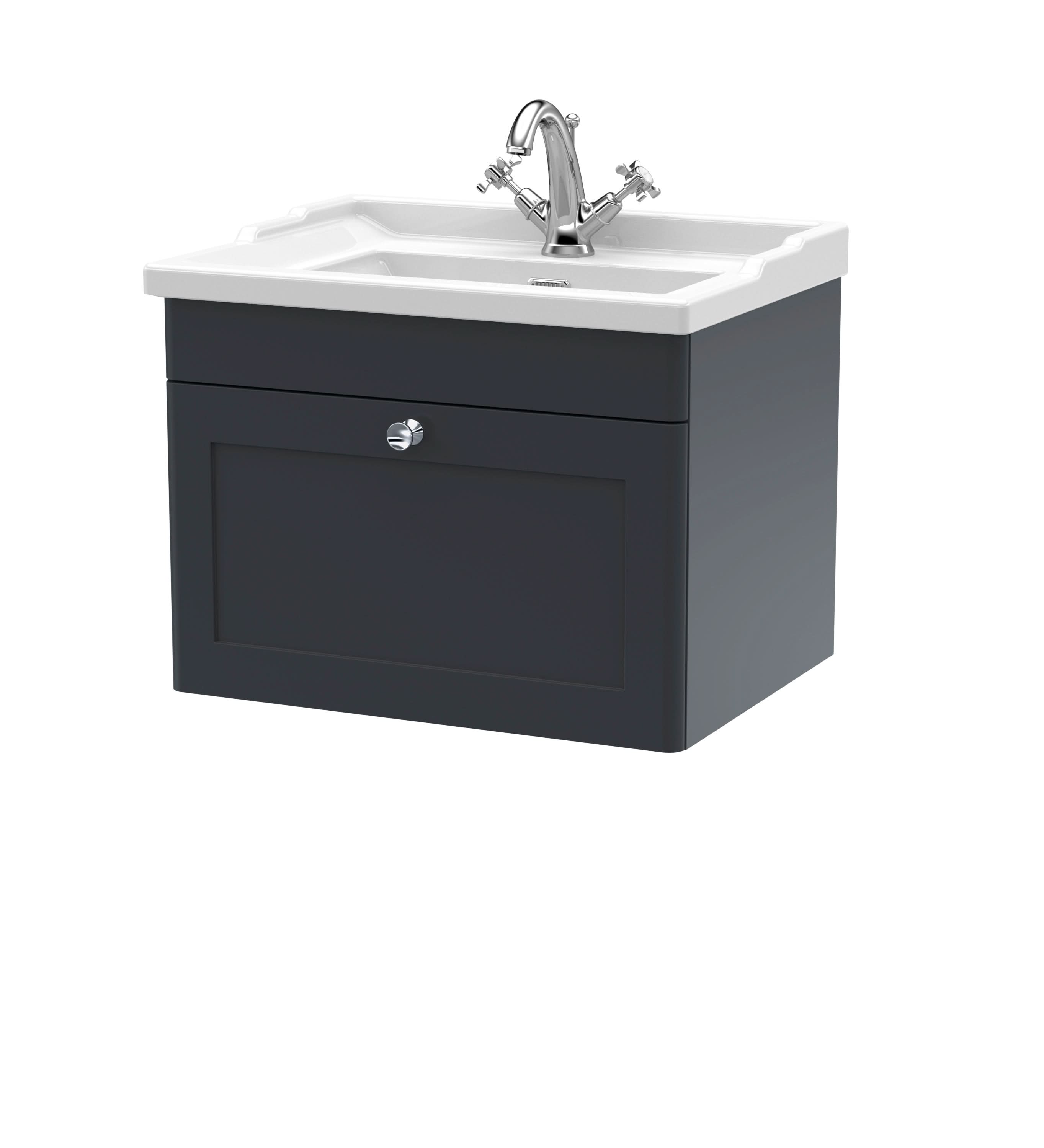 Nuie Classique Wall Hung 1 Drawer Unit & 1 Tap Hole Fireclay Basin, Stylish Sink Vanity Unit in Soft Black with White Basin, 600mm