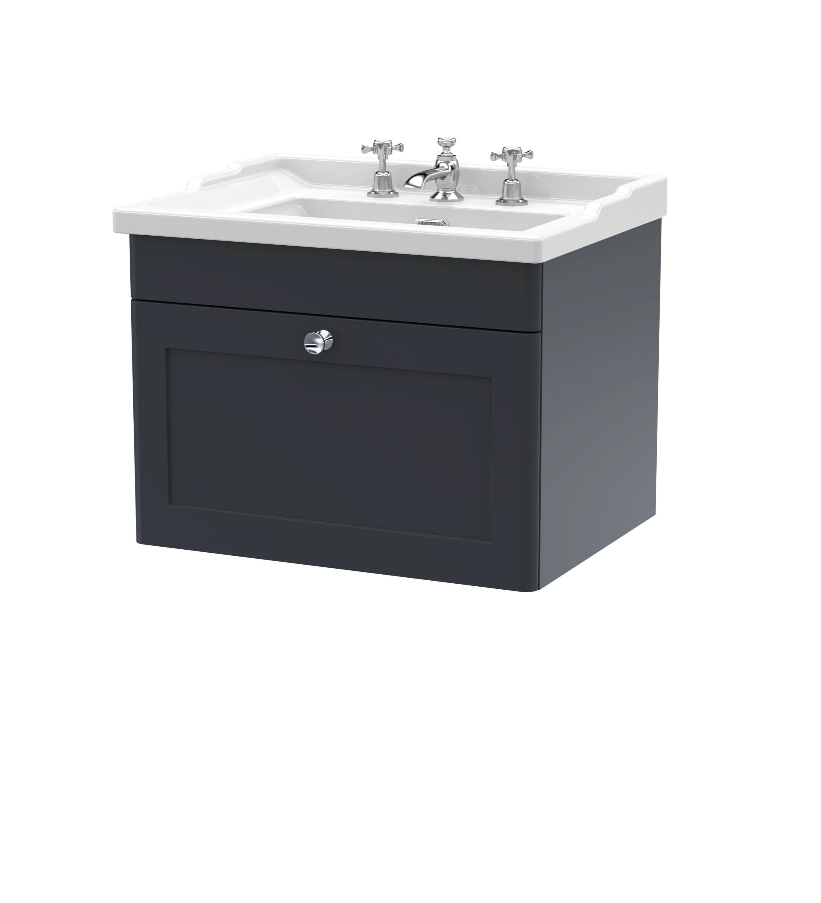 Nuie Classique Wall Hung 1 Drawer Unit & 3 Tap Hole Fireclay Basin, Stylish Sink Vanity Unit in Soft Black with White Basin, 600mm