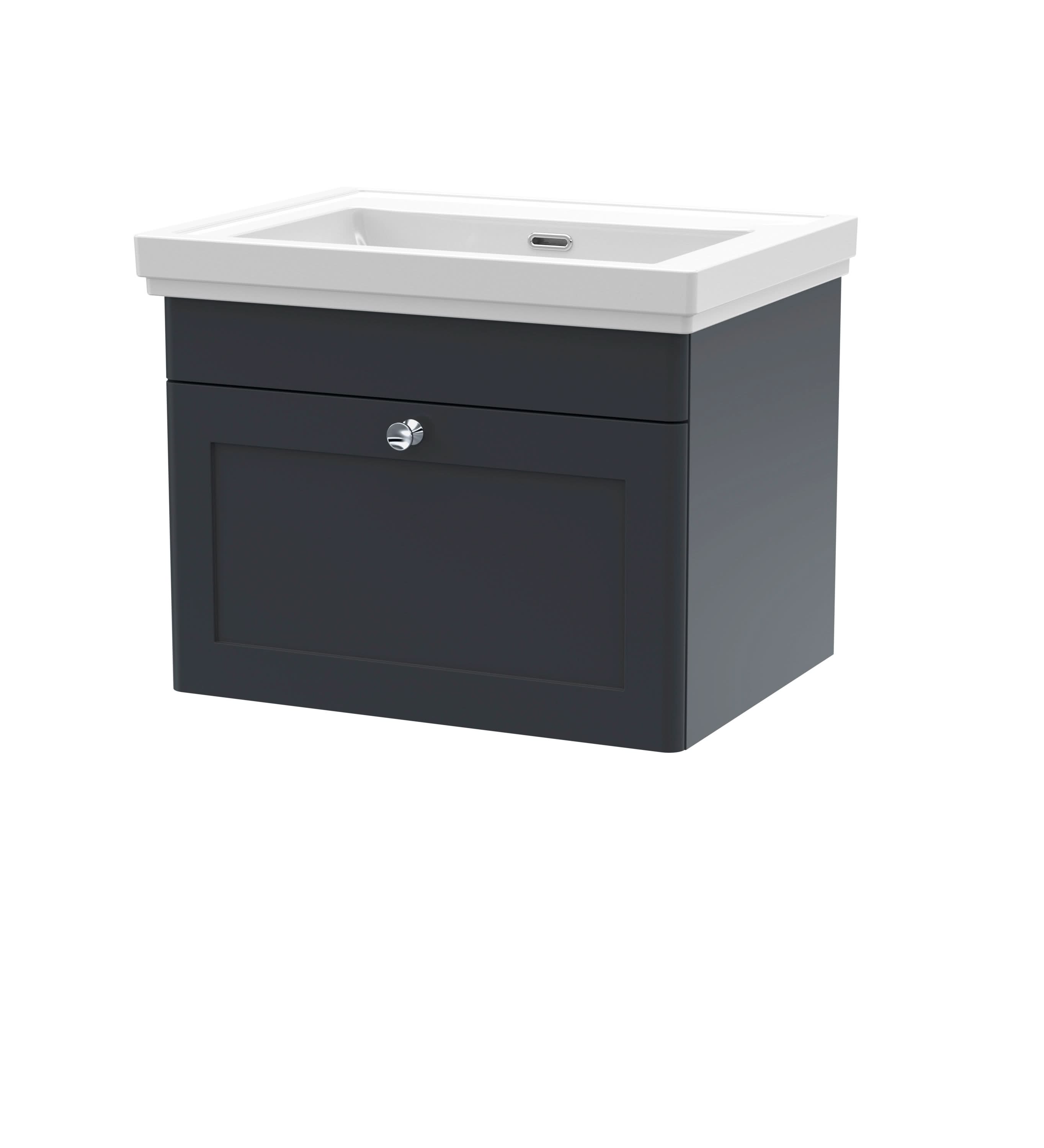 Nuie Classique Wall Hung 1 Drawer Unit Without Tap Hole Fireclay Basin, Contemporary Sink Vanity Unit in Soft Black, 600mm