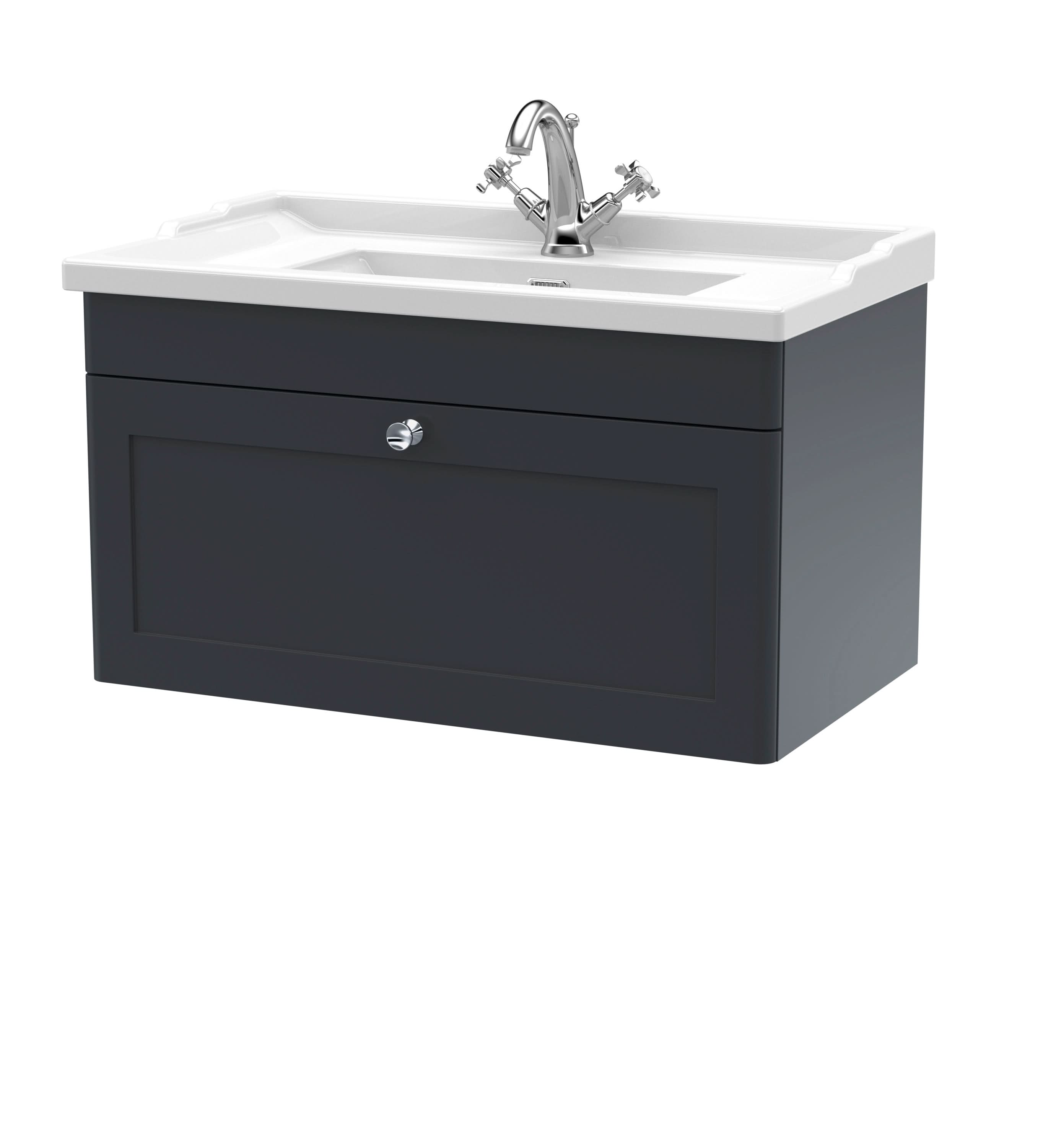 Nuie Classique Wall Hung 1 Drawer Vanity Unit & 1 Tap Hole Fireclay Basin, Stylish Sink Vanity Unit in Soft Black, 800mm