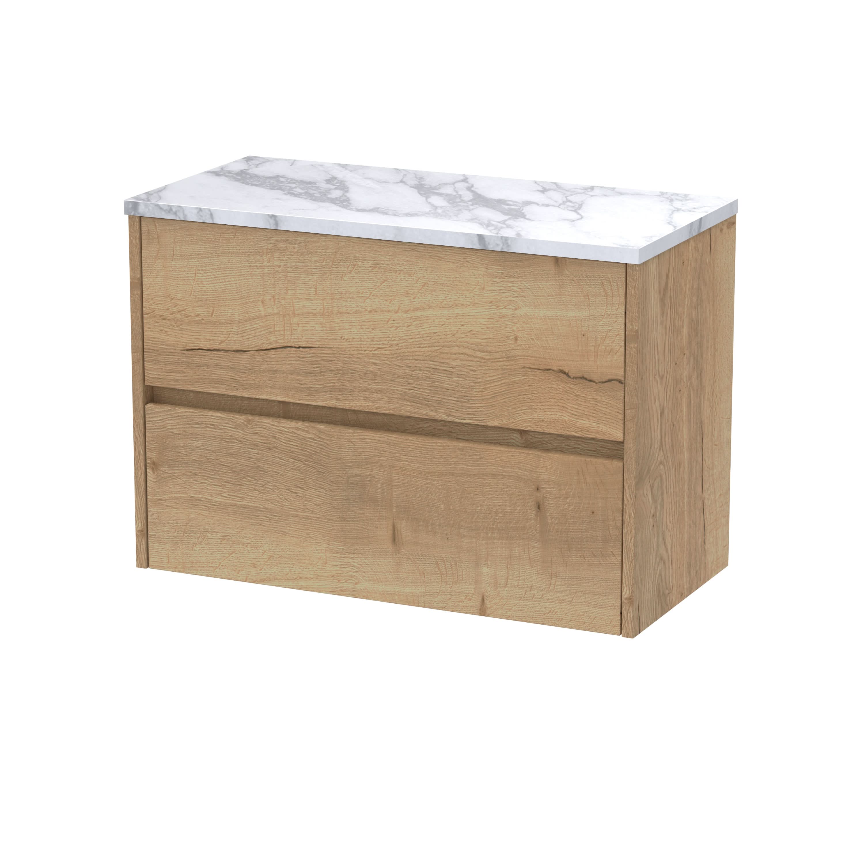 Nuie Havana Wall Hung 2-Drawer Vanity Unit & Carrera Marble Worktop in Indigo Blue, Countertop Basin Unit in Autumn Oak, 800mm