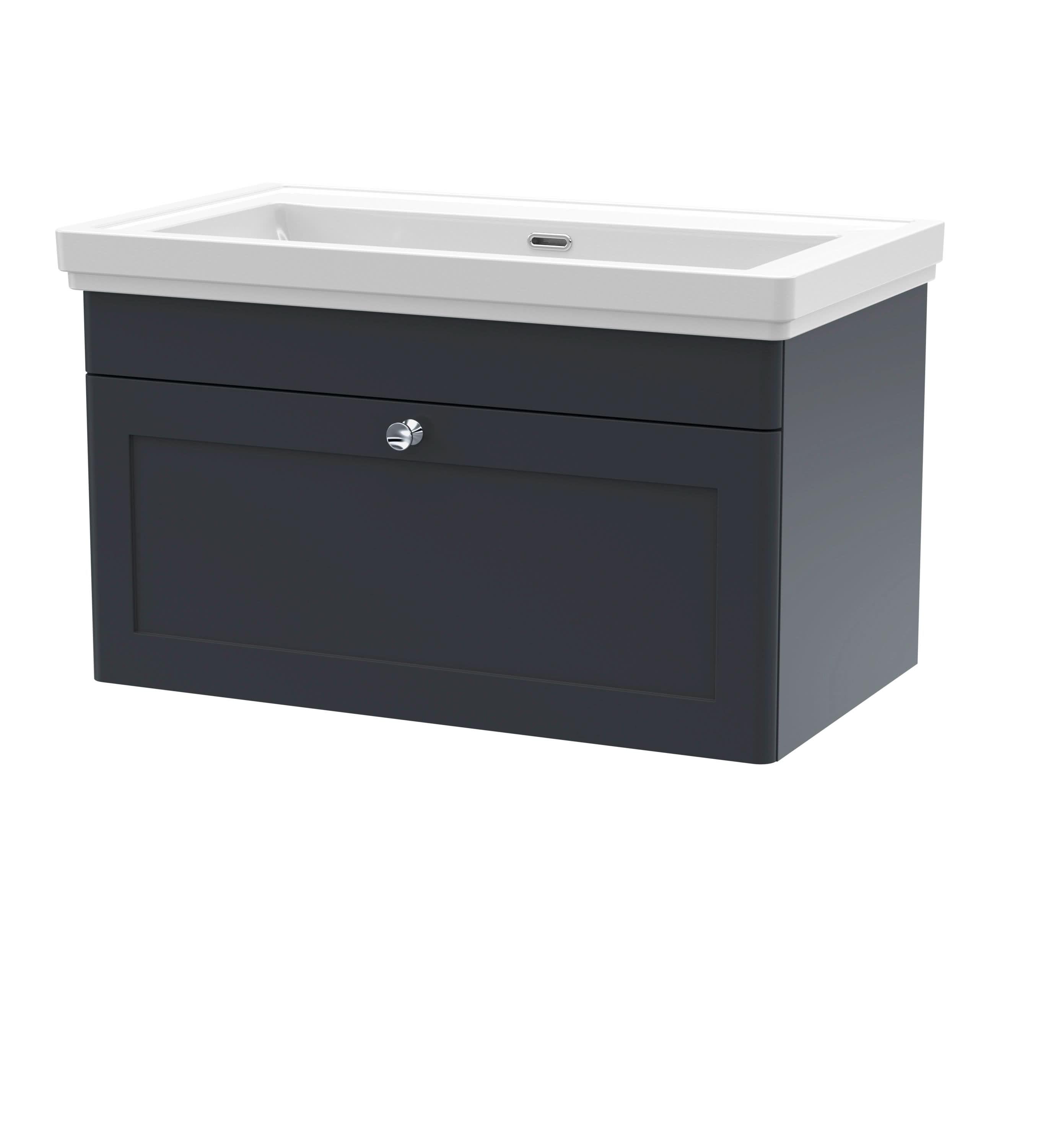 Nuie Classique Wall Hung 1 Drawer Vanity Unit Without Tap Hole Fireclay Basin, Stylish Sink Vanity Unit in Soft Black, 800mm