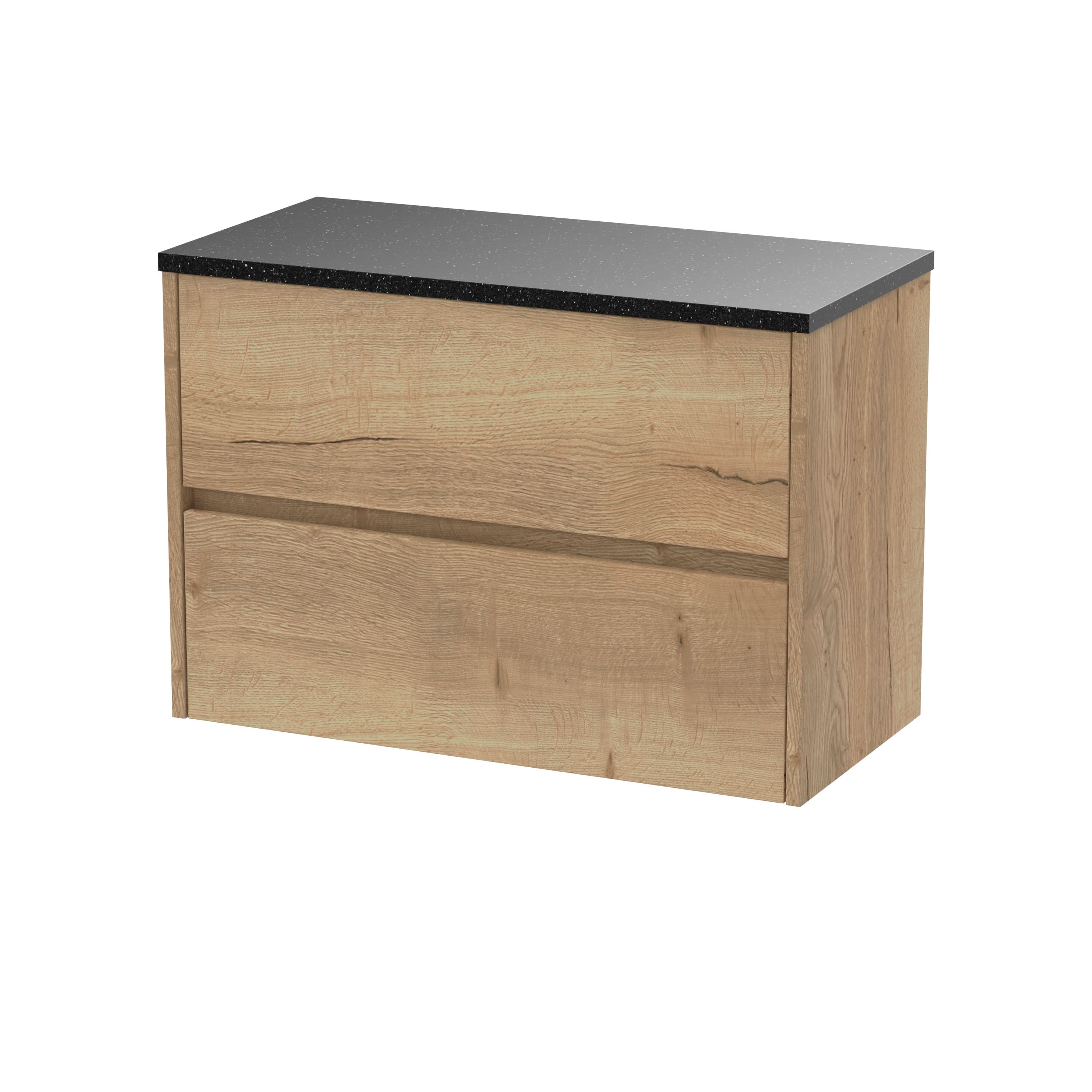 Nuie Havana Wall Hung 2-Drawer Vanity Unit & Worktop in Sparkling Black, Countertop Basin Unit in Autumn Oak, 800mm