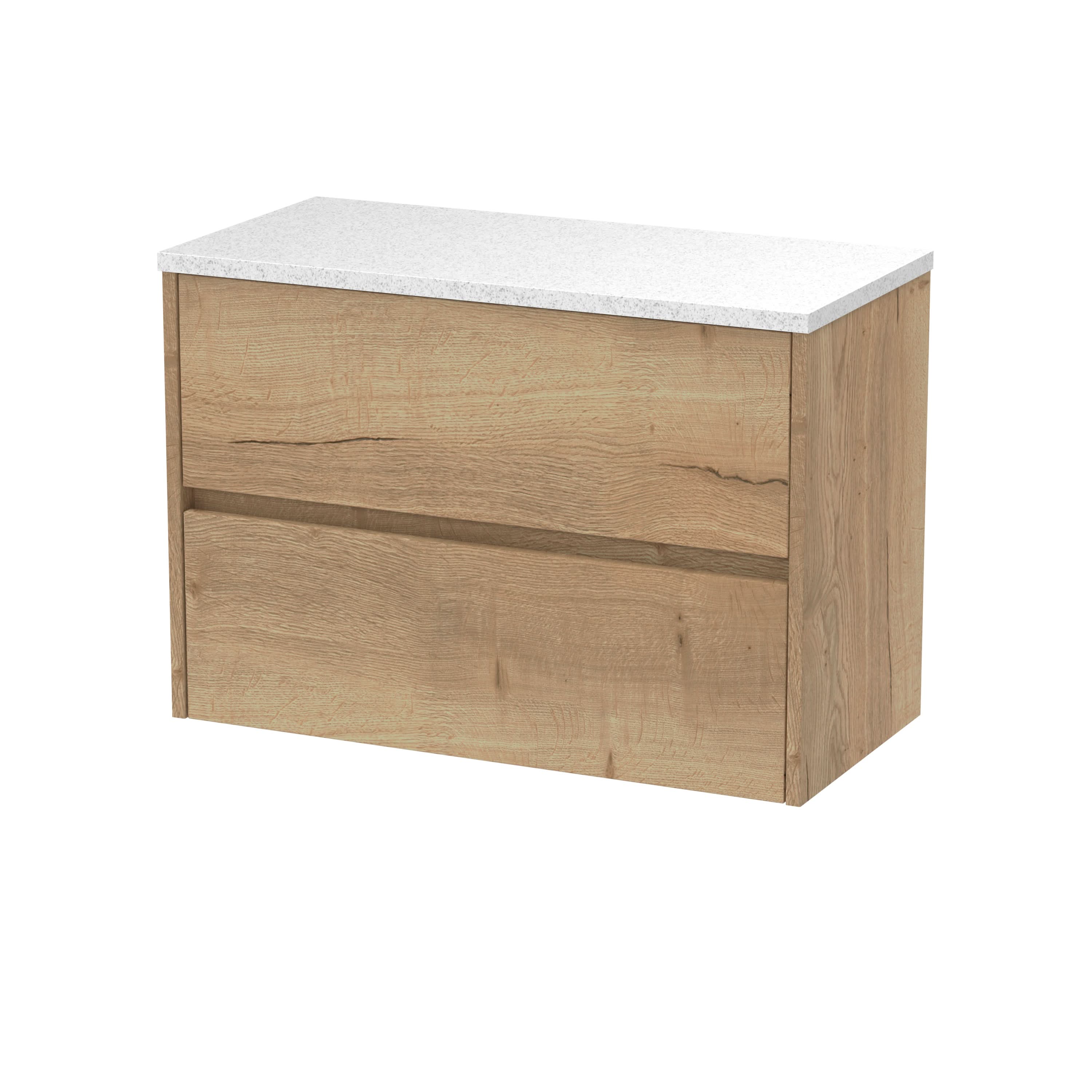 Nuie Havana Wall Hung 2-Drawer Vanity Unit & Worktop in Sparkling White, Countertop Basin Unit in Autumn Oak, 800mm