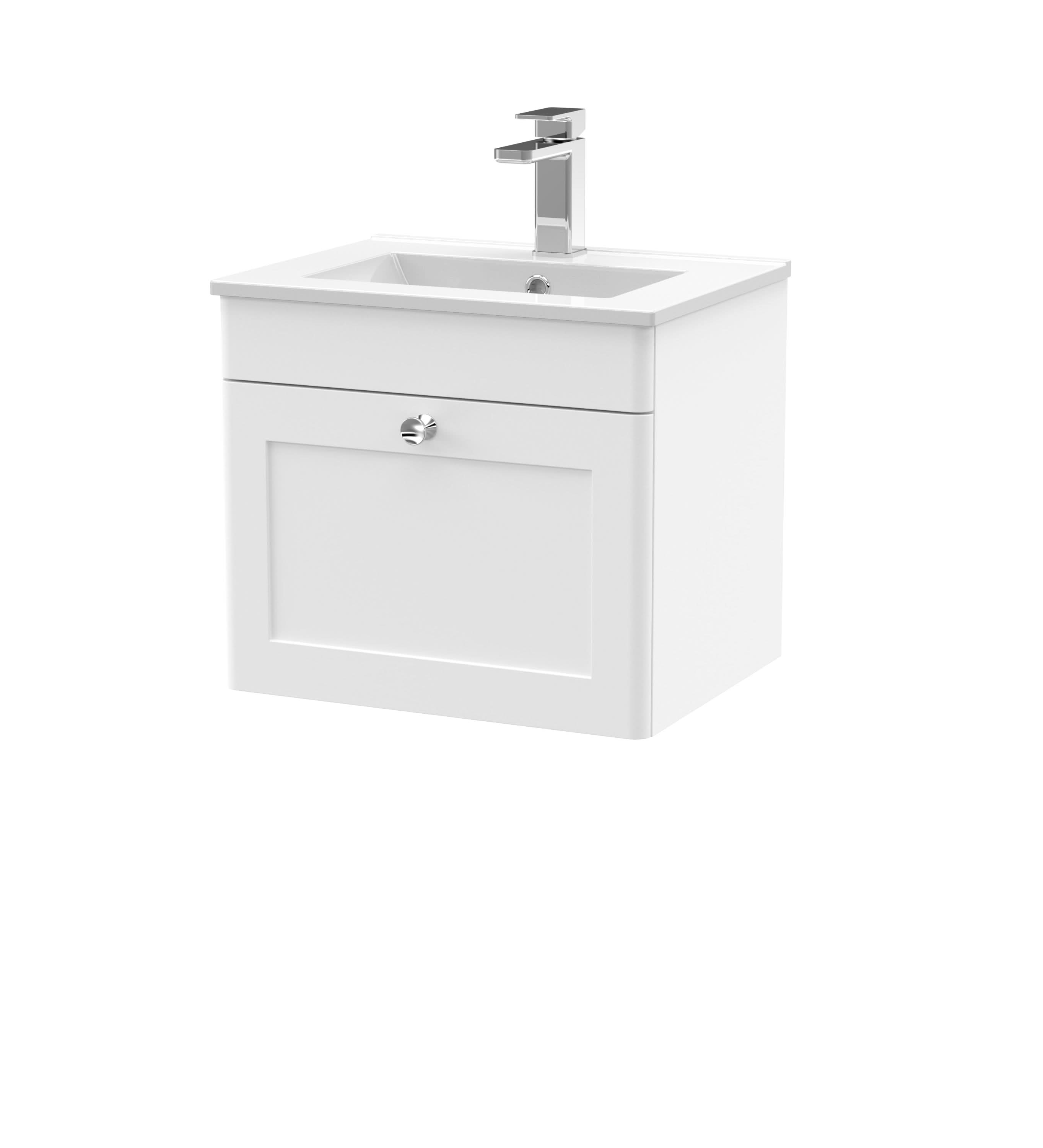 Nuie Classique Wall Hung 1 Drawer Vanity Unit & Minimalist Ceramic Basin, Sink Vanity Unit in Satin White with White Basin, 500mm
