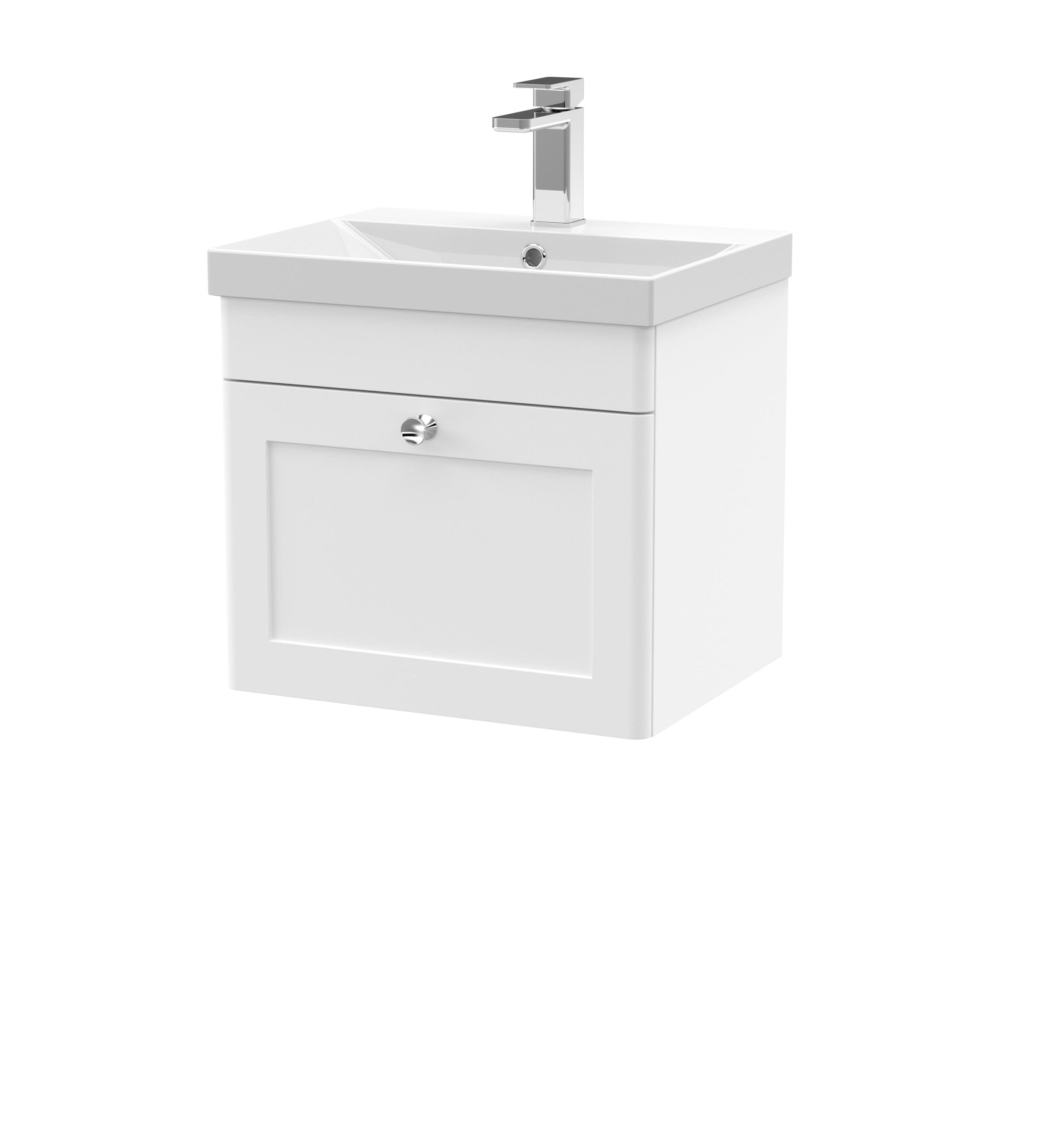 Nuie Classique Wall Hung 1 Drawer Vanity Unit & Thin-Edge Ceramic Basin, Sink Vanity Unit in Satin White with White Basin, 500mm